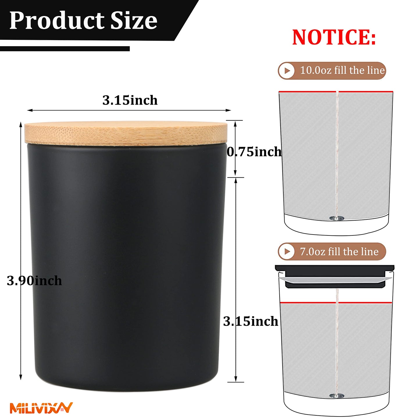 MILIVIXAY 12 Pack 10 OZ Matte Black Thick Glass Candle Jars with Lids - Bulk Empty Candle Jar for Making Candles - Spice, Powder Containers.