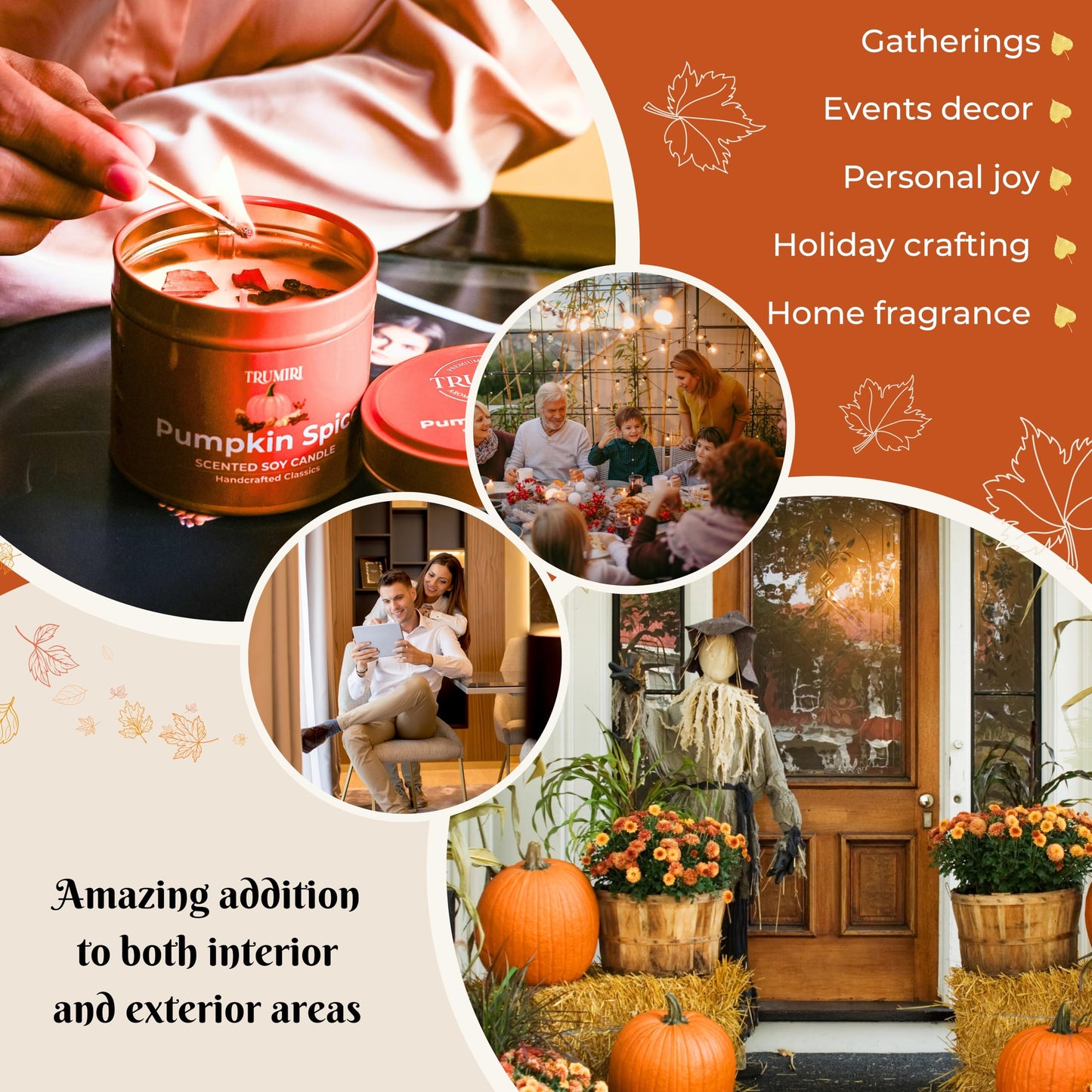 Pumpkin Spice - Cinnamon Soy Candles for Home Scented - for Fall Halloween Thanksgiving Holidays - Pack of 3 x 5oz Natural Clean Non Toxic Long Lasting Highly Scented Candels with Essential Oils