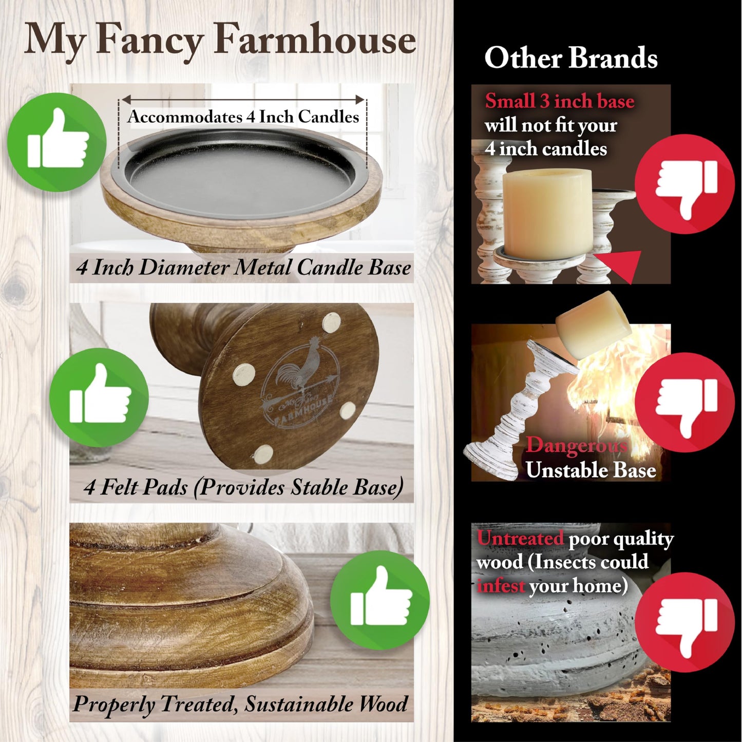 My Fancy Farmhouse Large Wood Candle Holders (Set of 3) - Tall Rustic Pillar Candlestick Stands - Fits 4 inch & 3 inch Pillar Candles - Modern Farmhouse Decor (Walnut Brown)