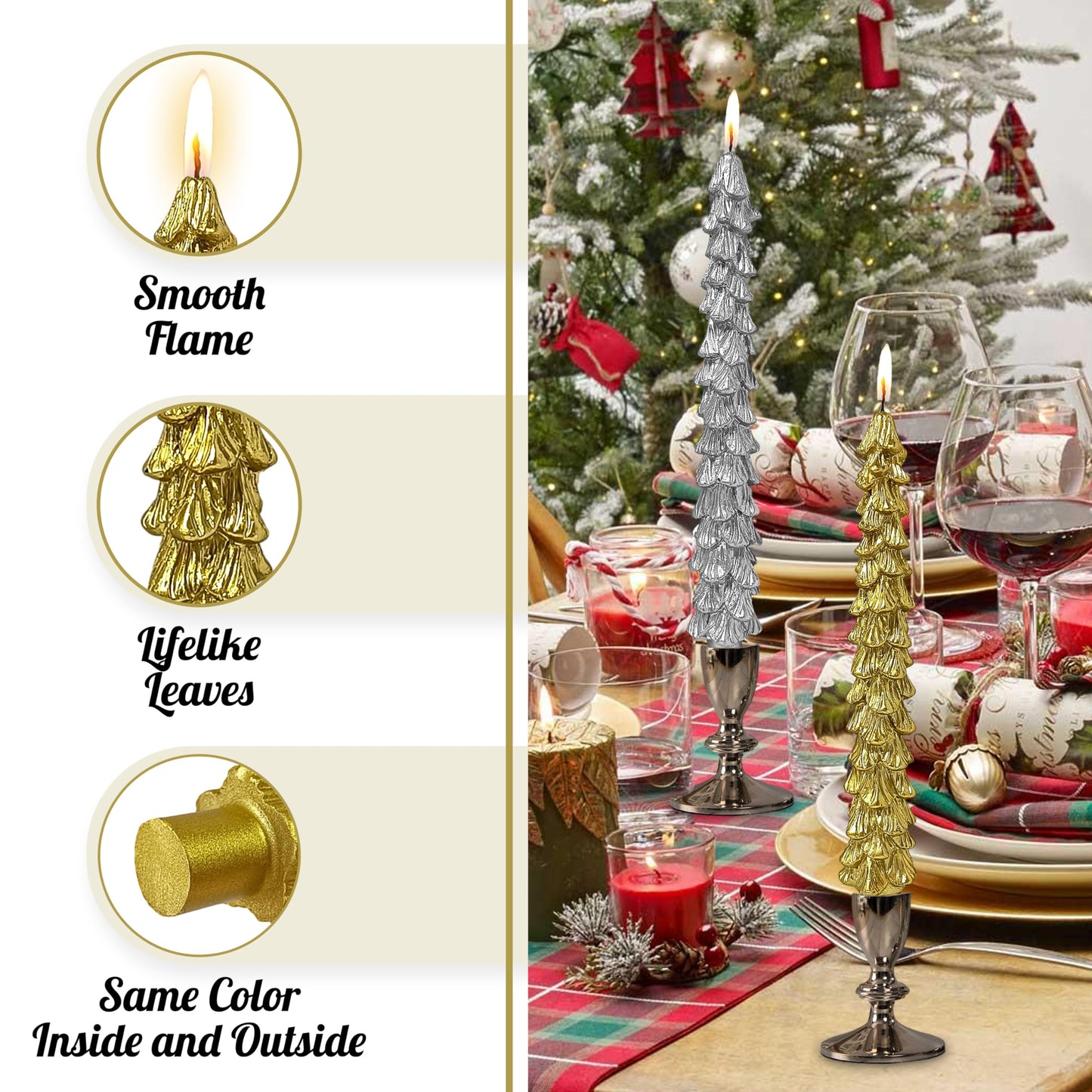 Christmas Tree Shaped Taper Candles, 9.8 Inch Unscented Tree Candle Decorative Christmas Tree Candles Gift for Christmas Festival Celebration Decor, 2PCS, Gold