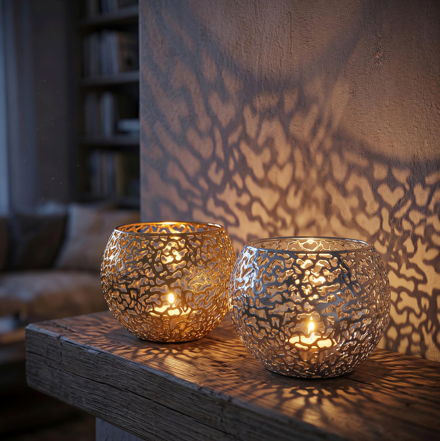 Metal Cut-Out Tealight Candle Holders Set of 2 – Geometric Lanterns for Table Centerpiece & Bathroom Spa – Shatterproof Holiday Decor, Winter Wedding (Gold*2)