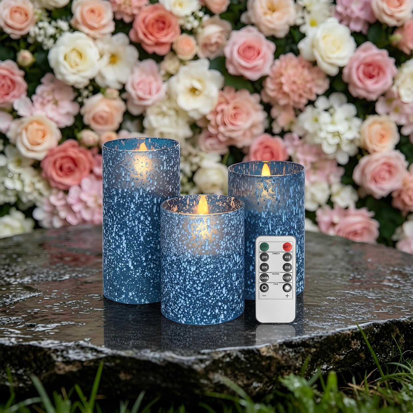 Blue Flameless Candles with Remote, Real Wax Glass Battery Operated Candles with Timer, LED Pillar Candle for Bedroom Home Wedding Birthday Party Fall Halloween Christmas Decorations, Set of 3