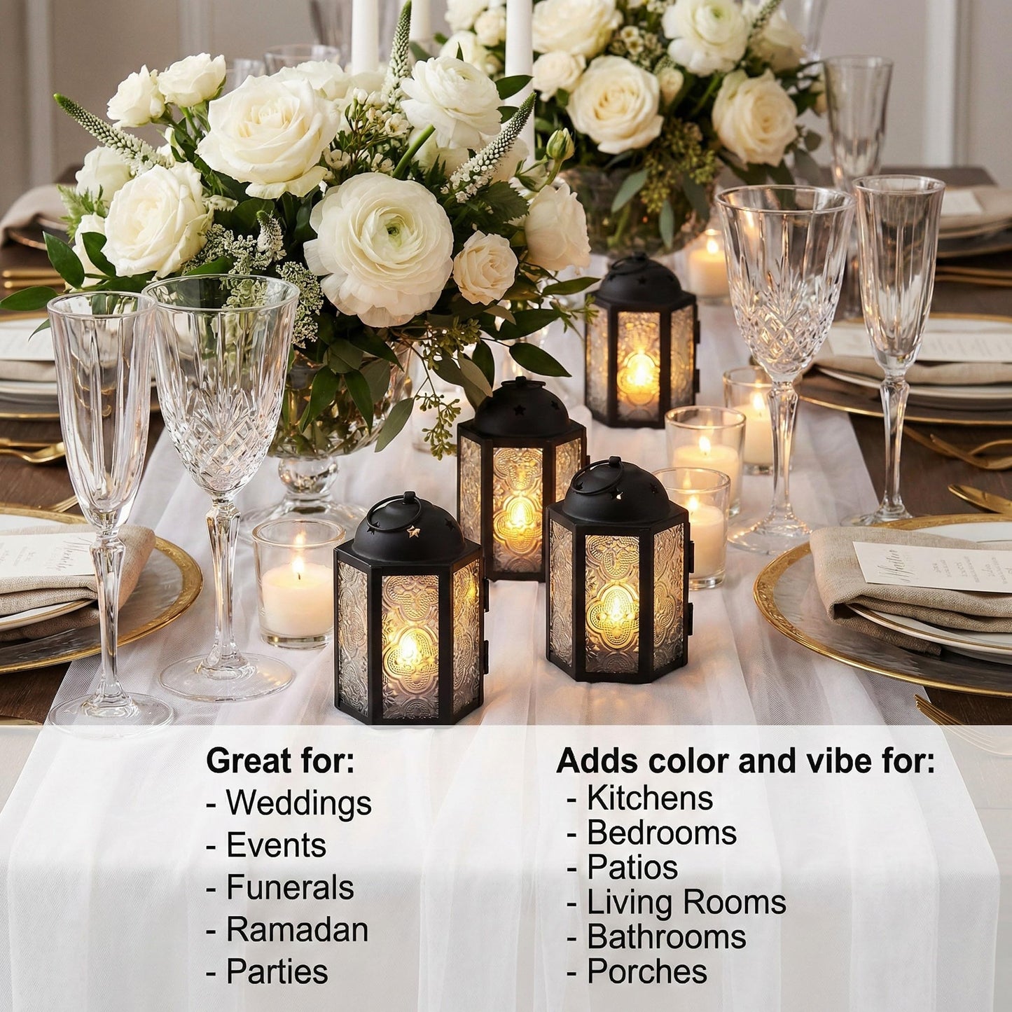 VELA LANTERNS Mini Moroccan Tea Light Candle Holder Lanterns – 4.25" Small Decorative Lantern for Table or Hanging, Metal with Glass Panels – Ramadan, Wedding, Home Decor, Frosted Clear (Set of 4)