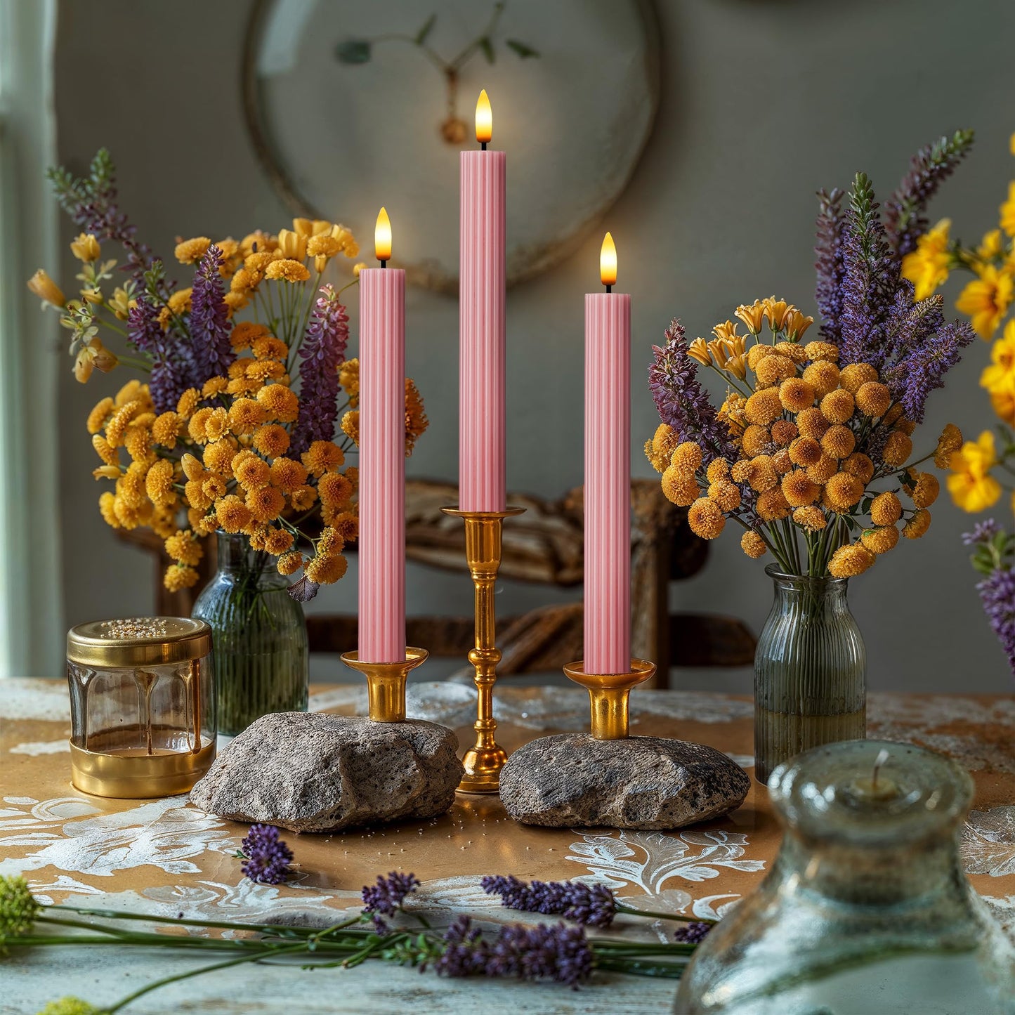 West Ivory 12 Pack, 10" LED Flameless Dusty Rose Fluted Ribbed Grooved Taper Candles, Remote & 24h Timer Memory, On/Off Button, Dimmable, Flicker Mode, Battery Operated, Christmas Menorah Wedding