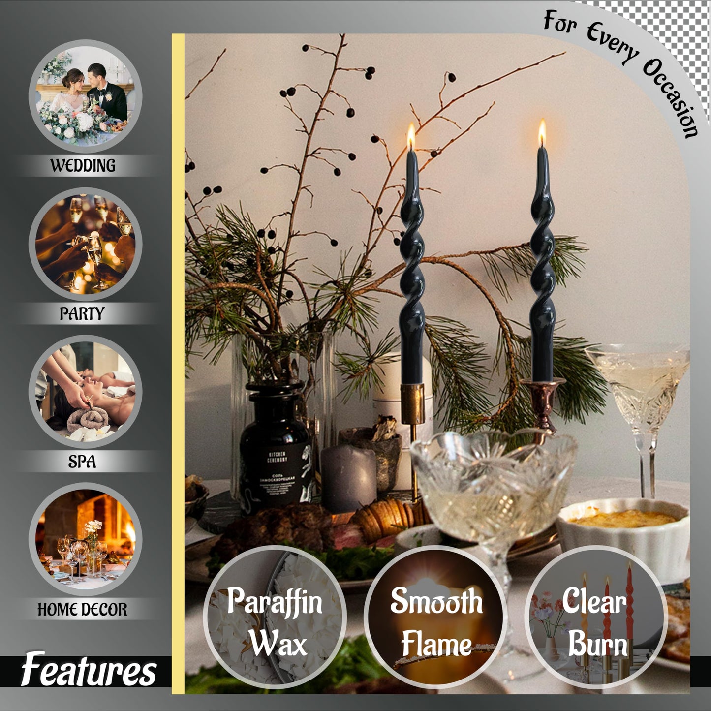 FLAMMUL Spiral Candles Twisted Candlesticks - 10 Inch Unscented Wax Candles 2PCS Handmade Candlestick Dinner Candles for Table Home Decor(Black)