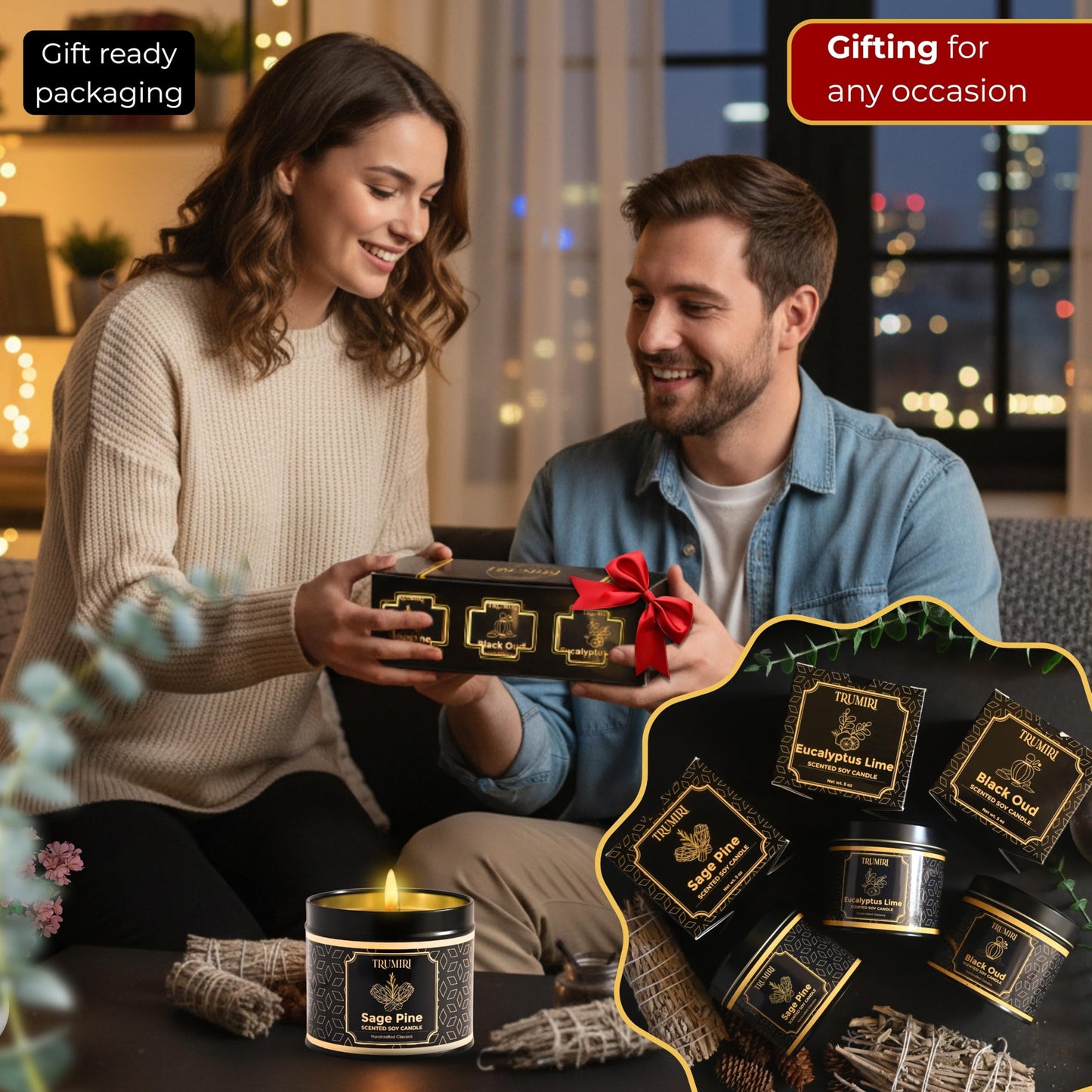 Candle Gift Set of 3 Black Oud|Sage Pine|Eucalyptus Lime Strong Scented Soy Candels Clean Non Toxic Velas Aromáticas Favors for Women Coworkers Friends Guests Also for Fall Diwali Christmas Holidays