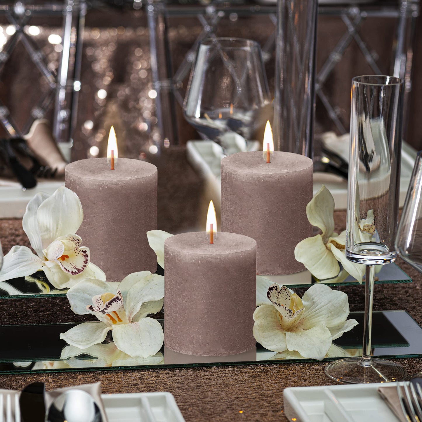 BOLSIUS 4 Pack Taupe Rustic Pillar Candles - 2.75 X 3.25 Inches - Premium European Quality - Includes Natural Plant-Based Wax - Unscented Dripless Smokeless 35 Hour Party and Wedding Candles