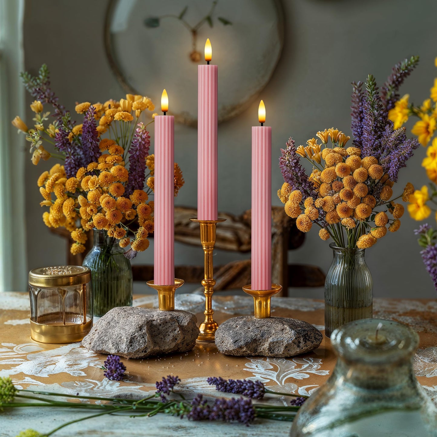 West Ivory 6 Pack, 10" LED Flameless Dusty Rose Fluted Ribbed Grooved Taper Candles, Remote & 24h Timer Memory, On/Off Button, Dimmable, Flicker Mode, Battery Operated, Christmas Menorah Wedding