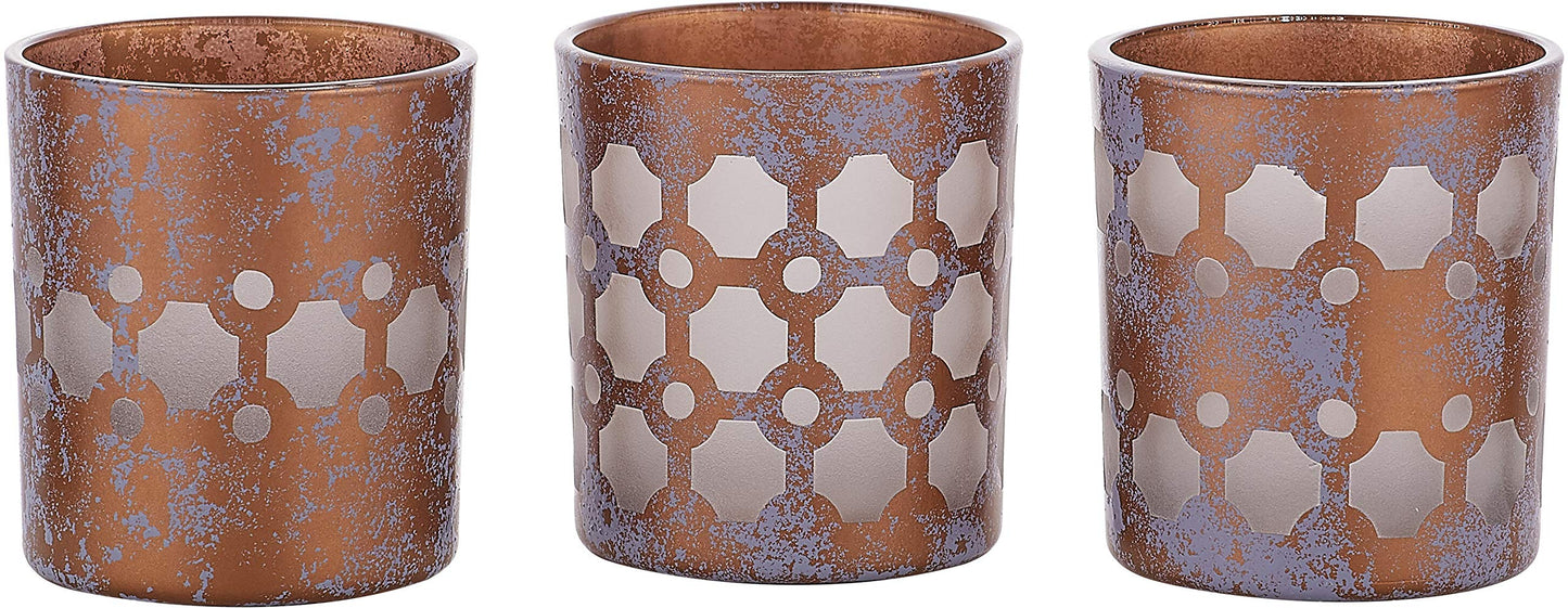 Pavilion - Bronze and Purple Sponge Patterned Frosted Glass Set of 3 Patterned Tealight Candle Holders