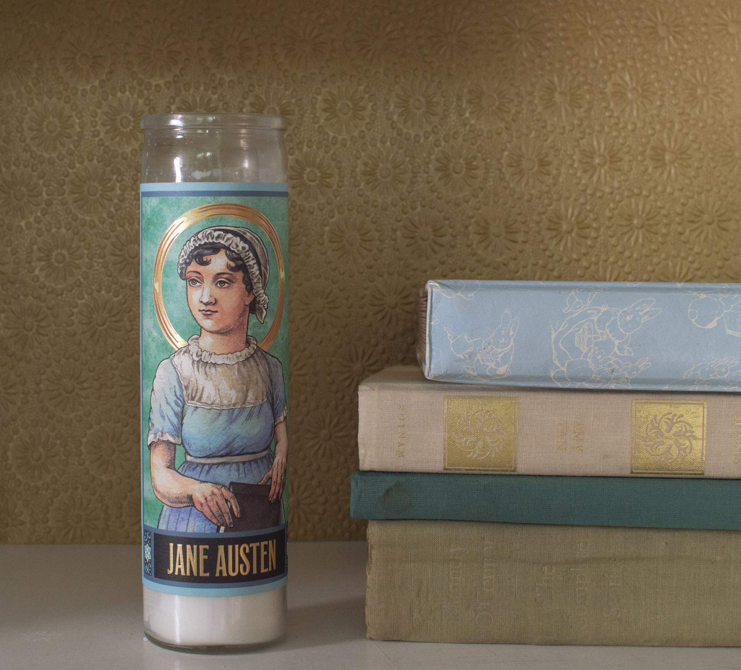 The Unemployed Philosophers Guild Jane Austen Secular Saint Candle - Unscented 8 Inch Tall Glass Prayer Votive, Made in The USA, Vegetarian Wax