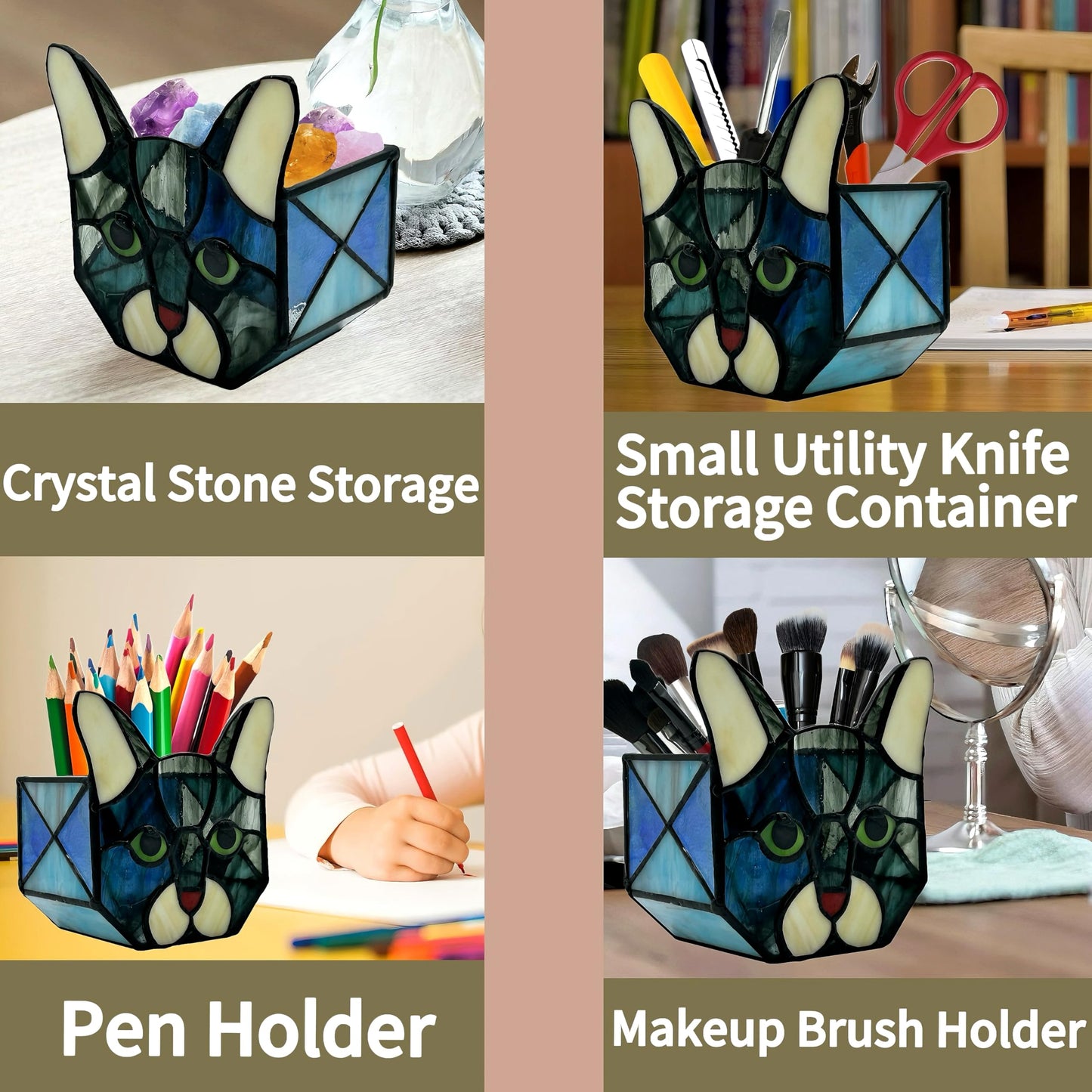 Entlityful Stained Glass Cat Tea Light Candle Holder Glass,Pencil Holders for Desk,Funny Cactus Pot,Gift for Cat Lover