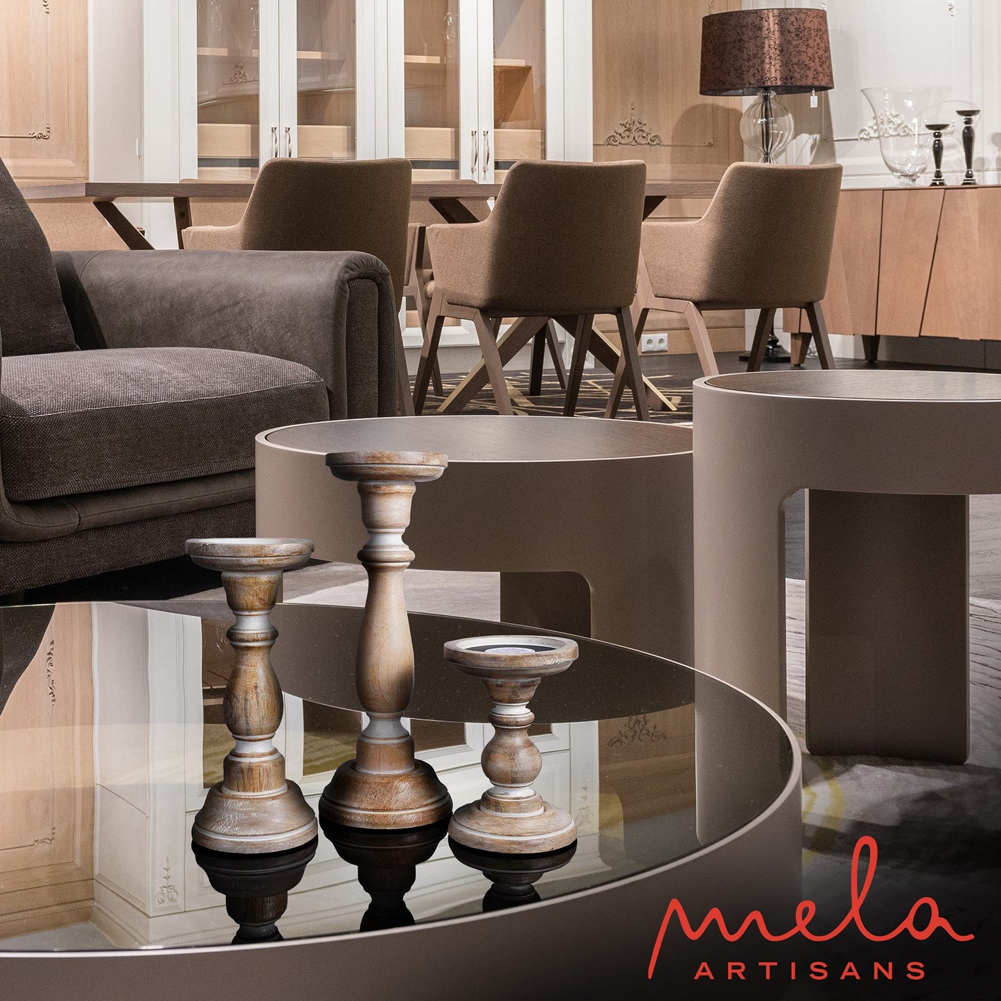 Mela Artisans 6”, 9” & 12” Mango Wood Pillar Candle Holder Set of 3 – Tuli Design Whitewashed – Wooden Candle Holders for Table, Mantel & Living Room Décor