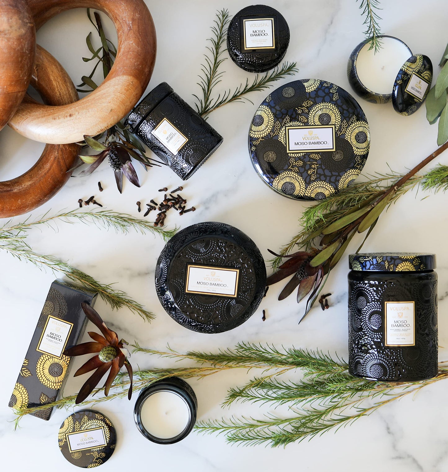 Voluspa Moso Bamboo, 3 Wick Tin Candle, 12 oz, 40 Hour Burn Time, Coconut Wax for Clean Burning, Handcrafted in the USA