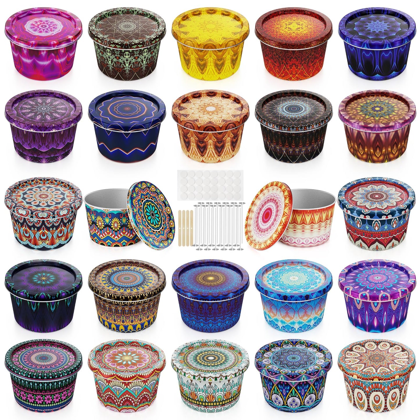 Happyhube Empty Candle Tins for Making Candles, 24 Pack 2.5 oz Metal Containers, Travel-Friendly Rust-Proof Tins with Lids, 24 Patterns Jars(Colourful)