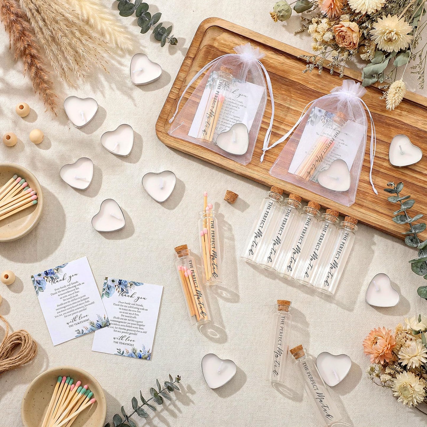 Wovnet 50 Sets Wedding Party Favors for Guests Bulk Including Heart Shaped Candles and Empty Matches Jars with Cork Top Thank You Cards and Organza Bags for Wedding Bridal Shower Party (Blue Flower)