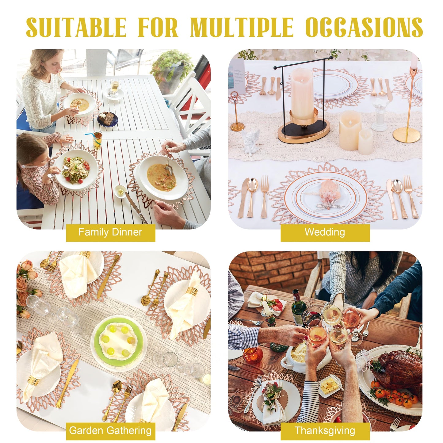 Set of 12 Round Placemats Rose Gold, Heat-Resistant PVC Table Mats with Luxury Metallic Glossy Finish for Thanksgiving Christmas Wedding Party Decor, Easy to Clean