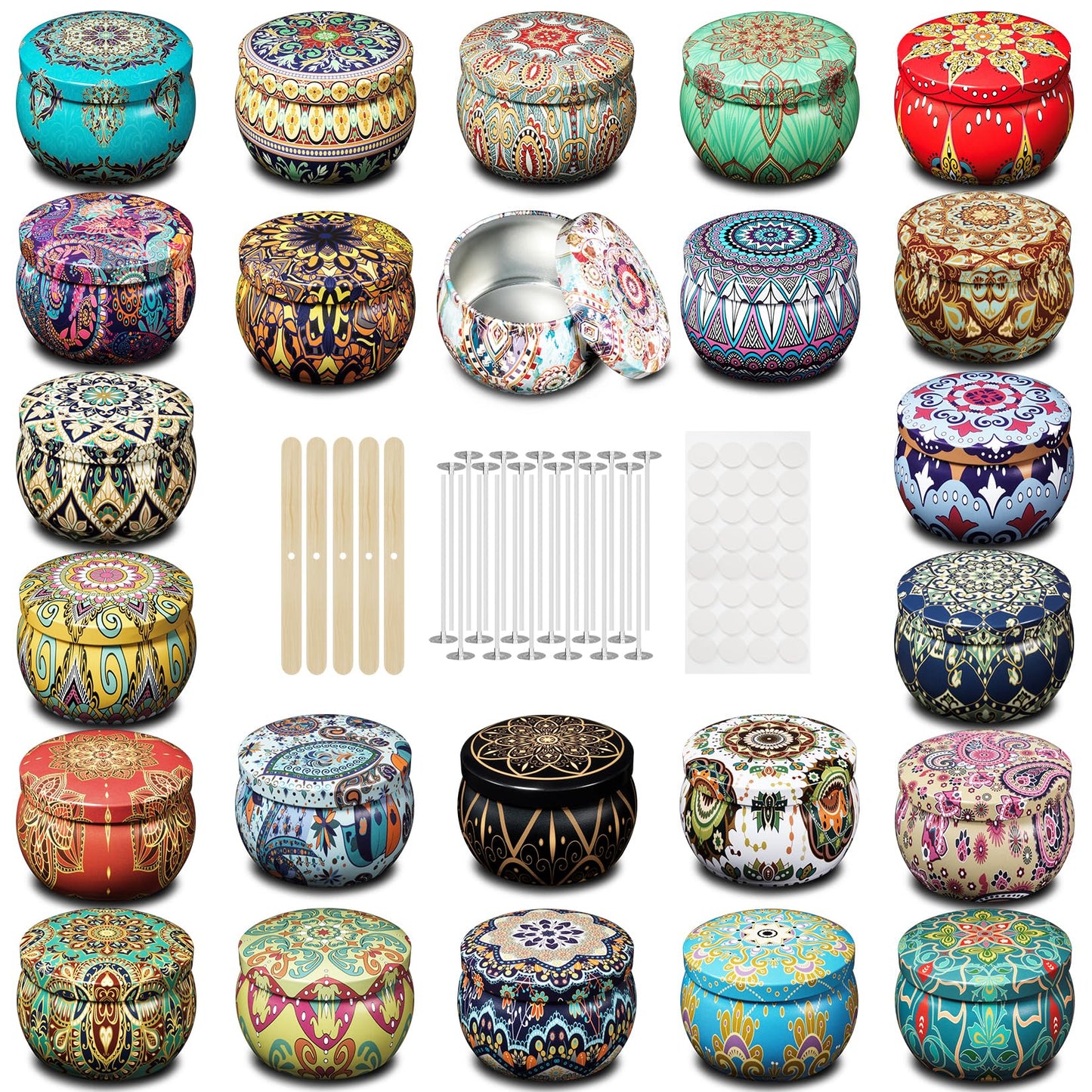 MeiGlow Empty Candle Tins for Making Candles, 24 Pack 3 oz with Lids, Cotton Wicks, Wick Stickers and Holders