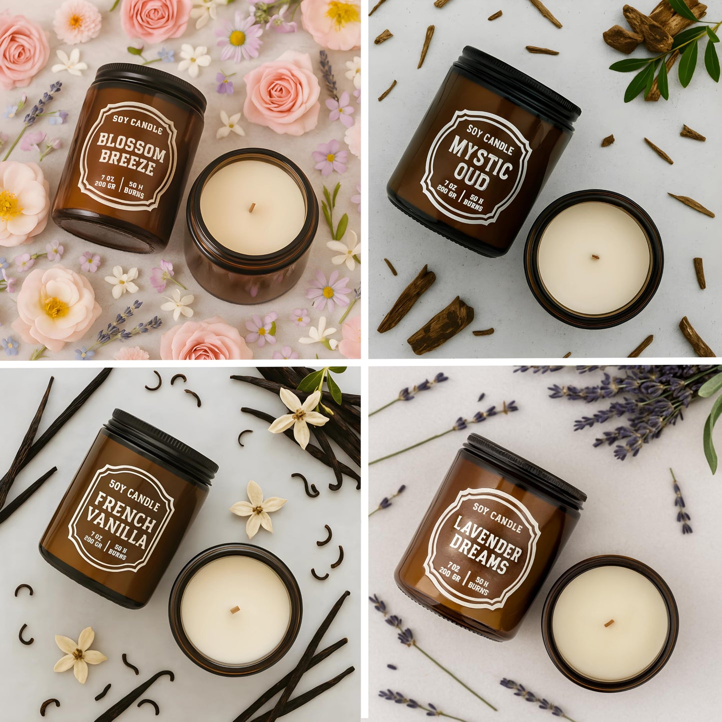 Luxury Soy Candle Gift Set, 4 Pack Amber Glass Jars with Crackling Wooden Wick, Handcrafted Scented Candles, Gift Ready Box