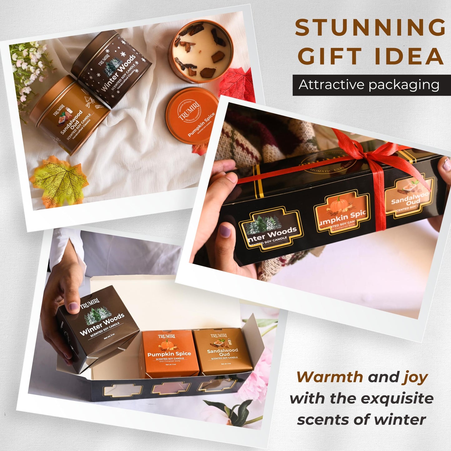 Winter Woods, Pumpkin Spice, Sandalwood Oud - Soy Candles Non Toxic - Highly Scented Long Lasting with Essential Oils - Variety Pack of 3 x 5oz - for Home Aromatherapy Meditation Gift Travel