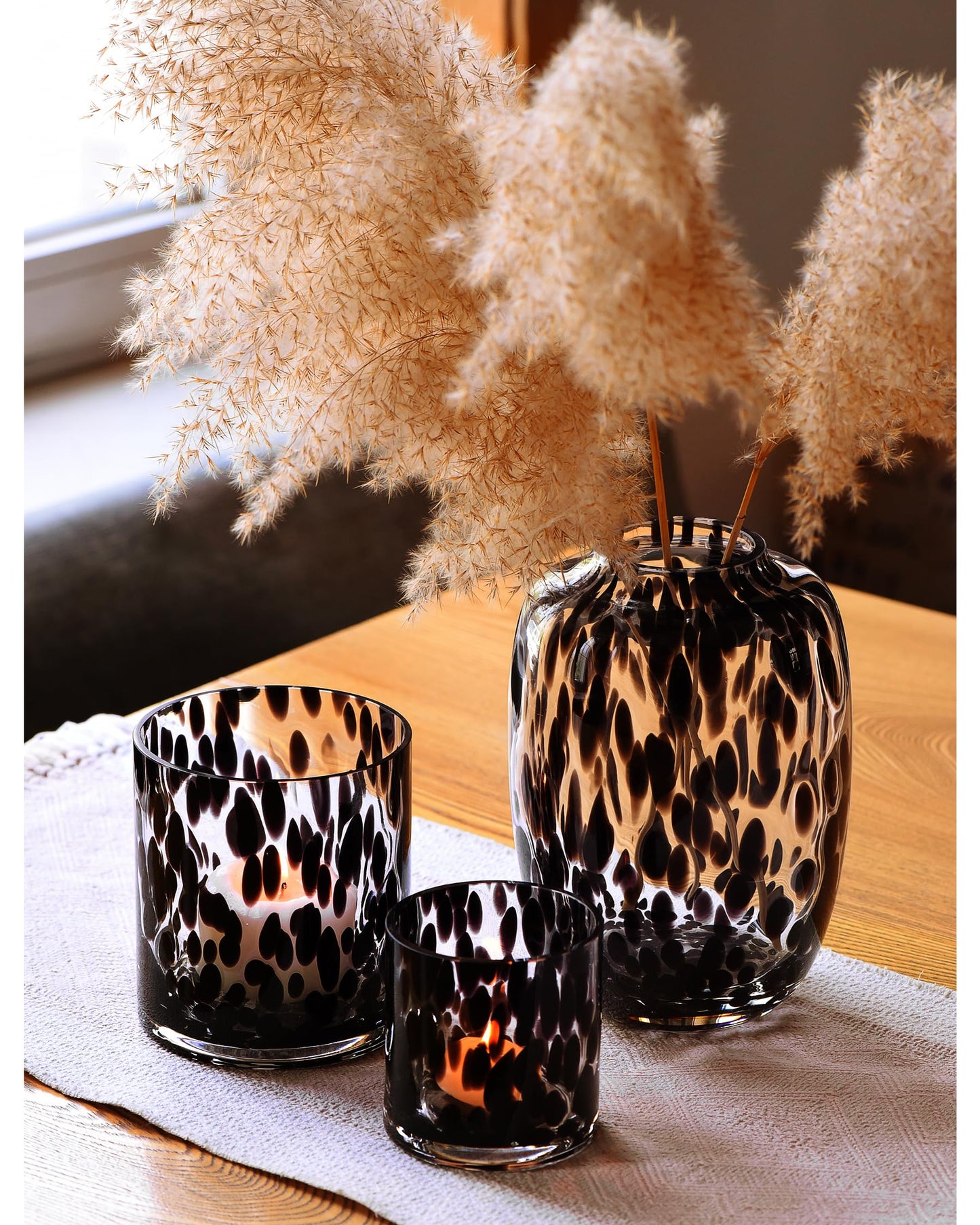 CONVIVA Glass Vase and Candle Holder Set, 3-Piece,Modern Fall Decor Table Centerpiece Thanksgiving Christmas Day Gift Idea,Flower Vase Black Tortoise Pattern