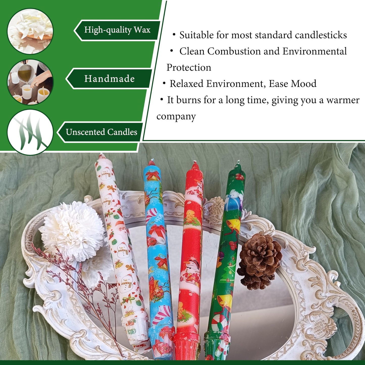 XINAOBAOLUO Taper Candles Christmas Printed 4 PCS 10 Inch Tall Unscented Handmade Tapered Candles for Christmas Dinner Household Wedding Party Housewarming Home Decor