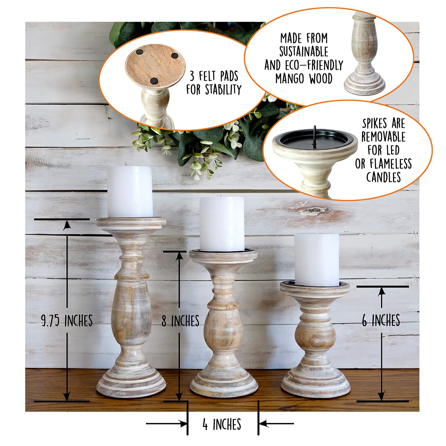 Candle Holders for Pillar Candles, Wooden Candleholders Table Centerpiece, Pillar Candle Holders Set of 3, Wood Rustic Farmhouse Fireplace White