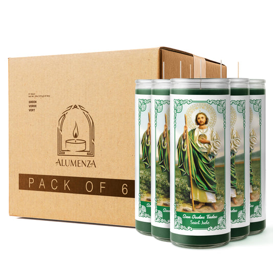 Alumenza 6 Pack San Judas Tadeo Candle in Glass Jar 90 Hours – Paraffin Wax, Clean Burning Unscented | Large & Tall Devotional Prayer Pillar Candles for Home, Memorial, Rituals