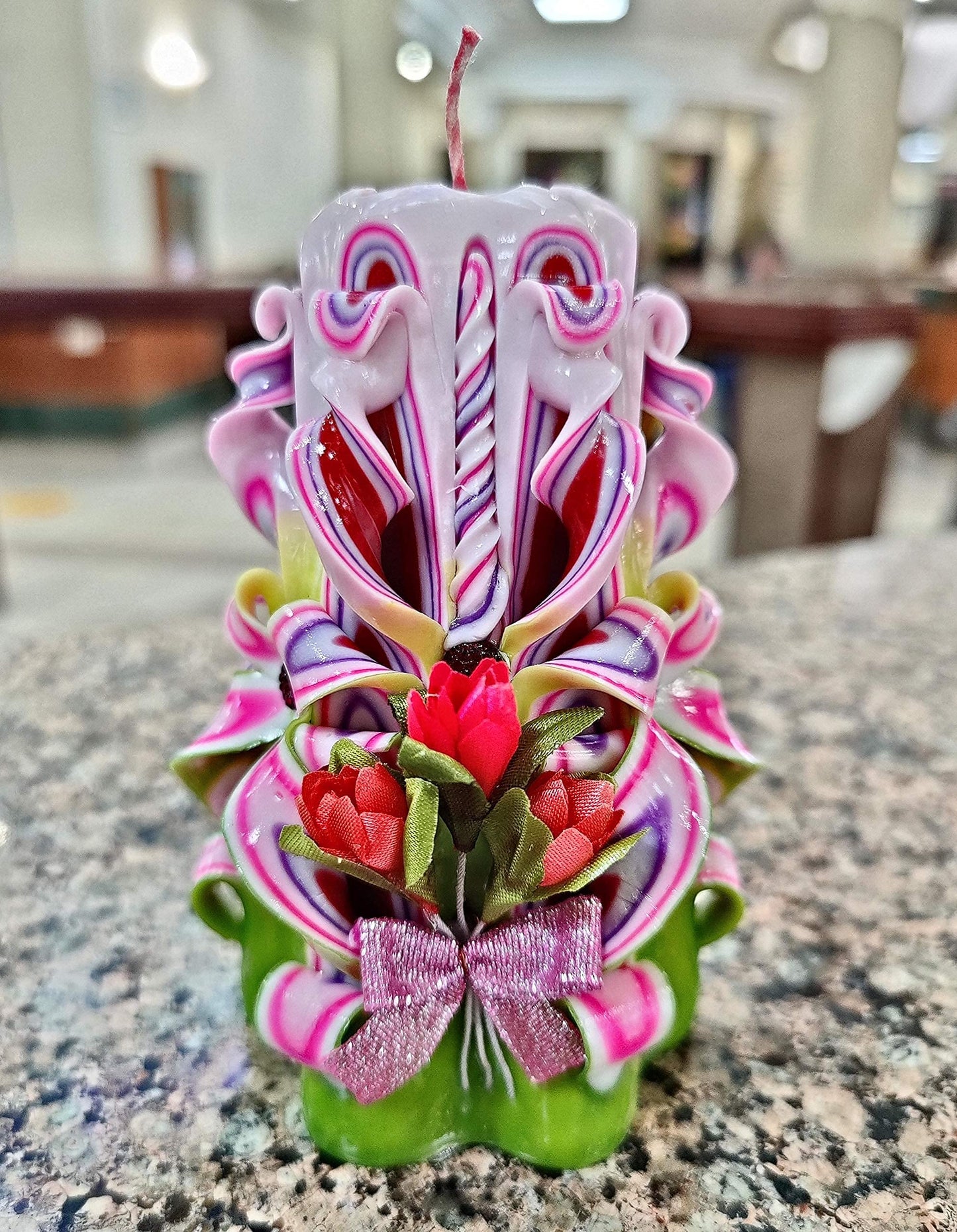 Handmade Carved Candle - Surprise Gift for Her - Decor Birthday Halloween Thanksgiving Christmas - Spiritual Living Room Home Decor Candles - Unique Engagement Wedding Idea - Pink Green - Ordagio