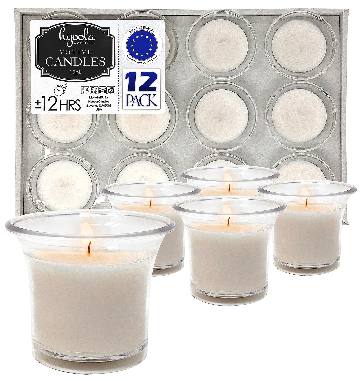 Hyoola Votive Candles - White Votives in Clear Cup - 12 Hour Burn Time Unscented Votive Candles Bulk - Pack of 12 Small Candles in Bulk - Made in Europe