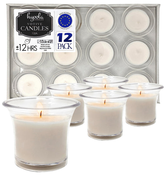 Hyoola Votive Candles - White Votives in Clear Cup - 12 Hour Burn Time Unscented Votive Candles Bulk - Pack of 12 Small Candles in Bulk - Made in Europe