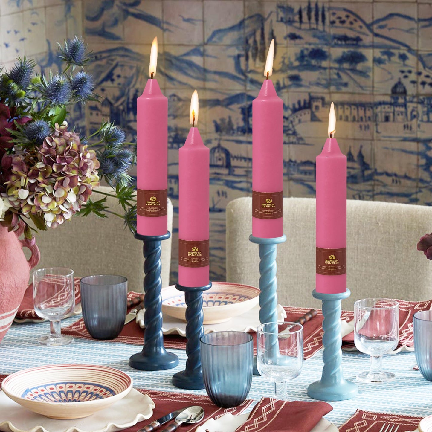 Short Taper Candles Set of 4 – 7 Inch Unscented Tapered Candles,Hot Pink Smokeless Candle Sticks Handmade Taper Candles for Wedding Home Decor Dinner