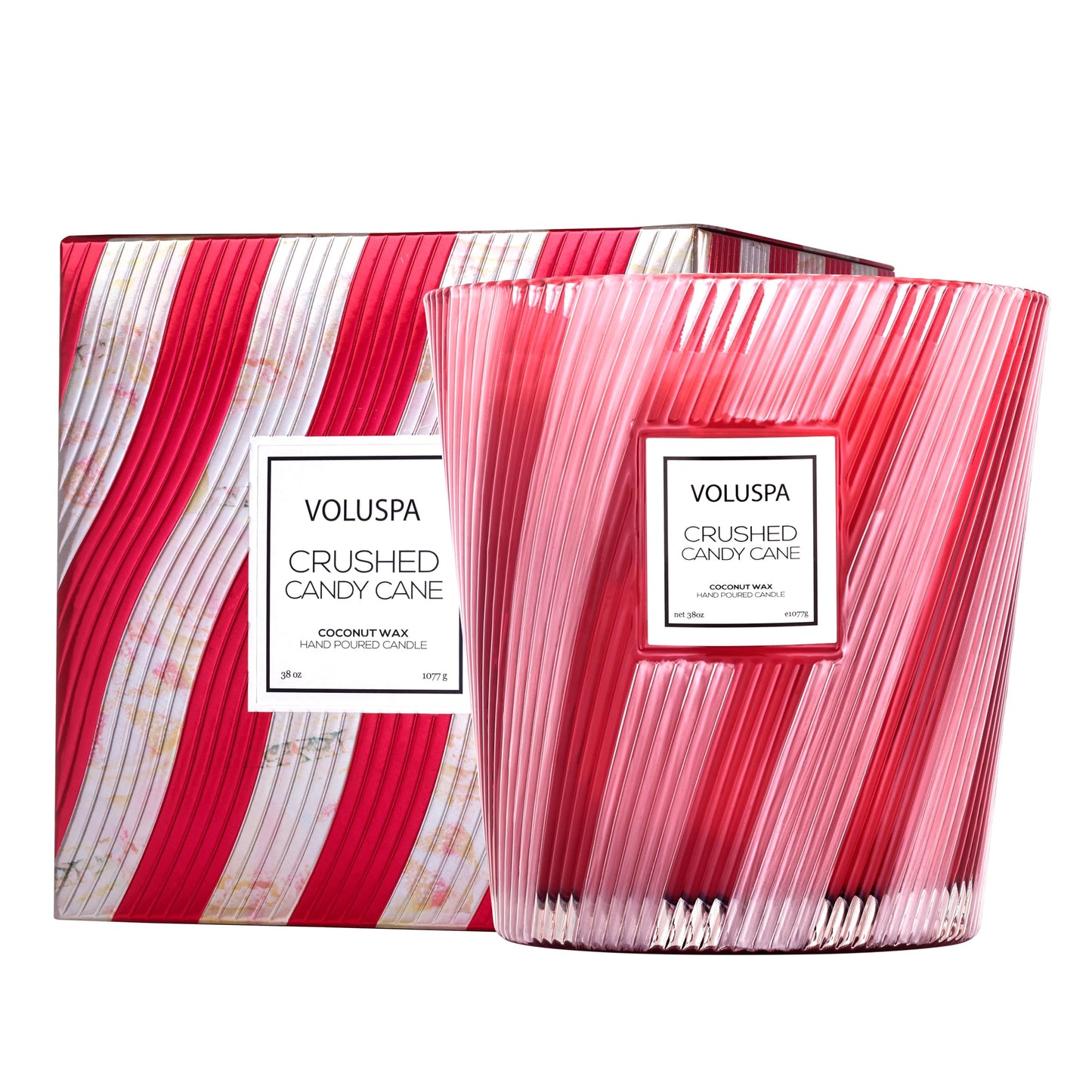 Voluspa Crushed Candy Cane, 3 Wick Boxed Hearth, 38 oz, 80 Hour Burn Time, Coconut Wax for Clean Burning, Handcrafted in the USA
