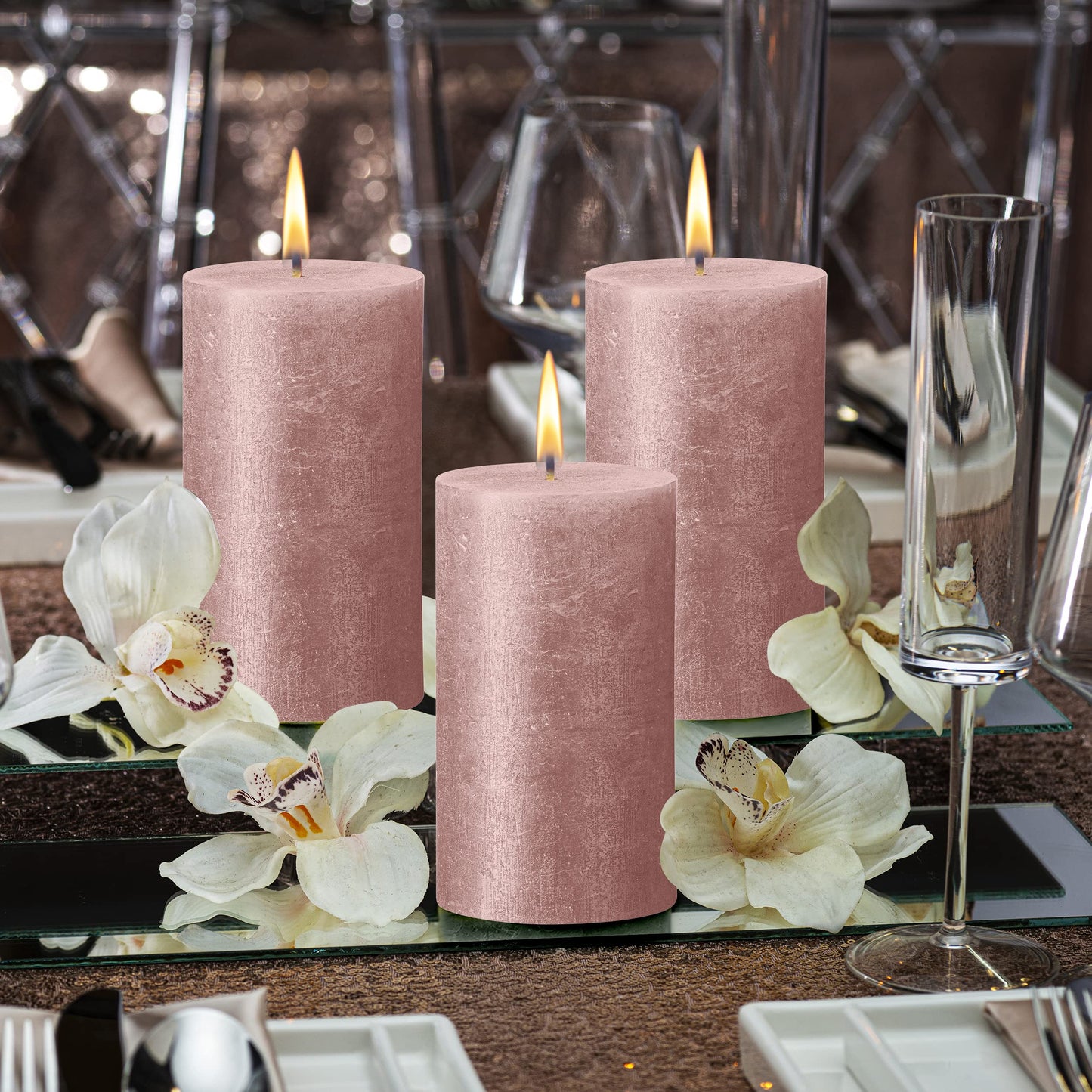 BOLSIUS Pink Shimmer Metallic Pillar Candles 4 Pack - 2.75 X 7.5 Inches - Premium European Quality - Includes Natural Plant-Based Wax - Unscented Dripless Smokeless 85 Hour Party & Wedding Candles