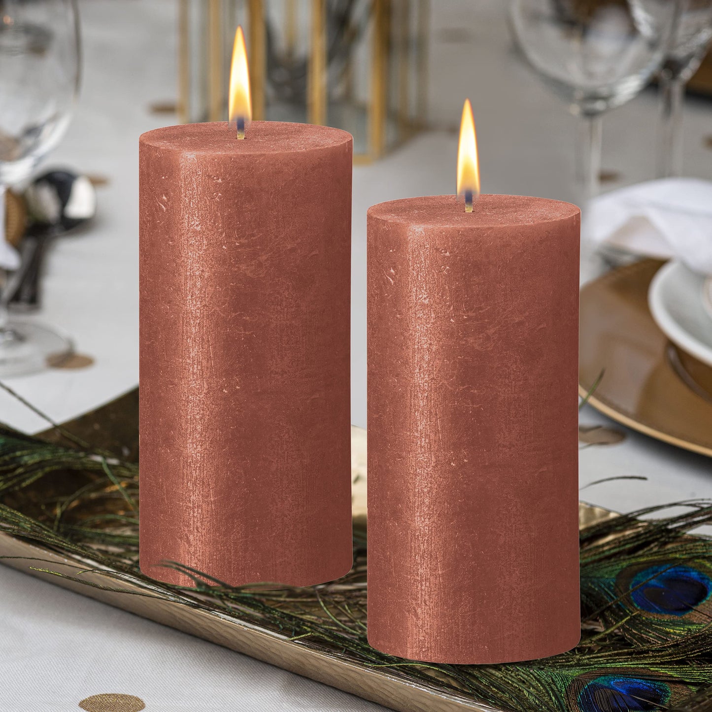 BOLSIUS Amber Shimmer Metallic Pillar Candles 4 Pack - 2.75 X 7.5 Inches - Premium European Quality - Includes Natural Plant-Based Wax - Unscented Dripless Smokeless 85 Hour Party Décor Candles