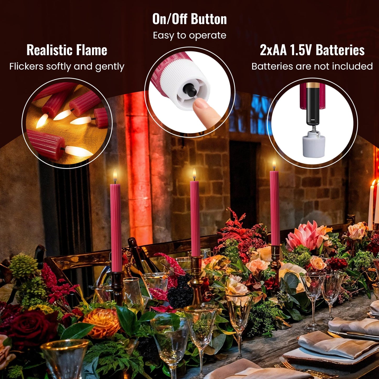 West Ivory 12 Pack, 10" LED Flameless Pink Fluted Ribbed Grooved Taper Candles with 2 Remotes & 24h Timer Memory, On/Off Button, Dimmable, Flicker Mode, Battery Operated, Christmas Menorah Wedding