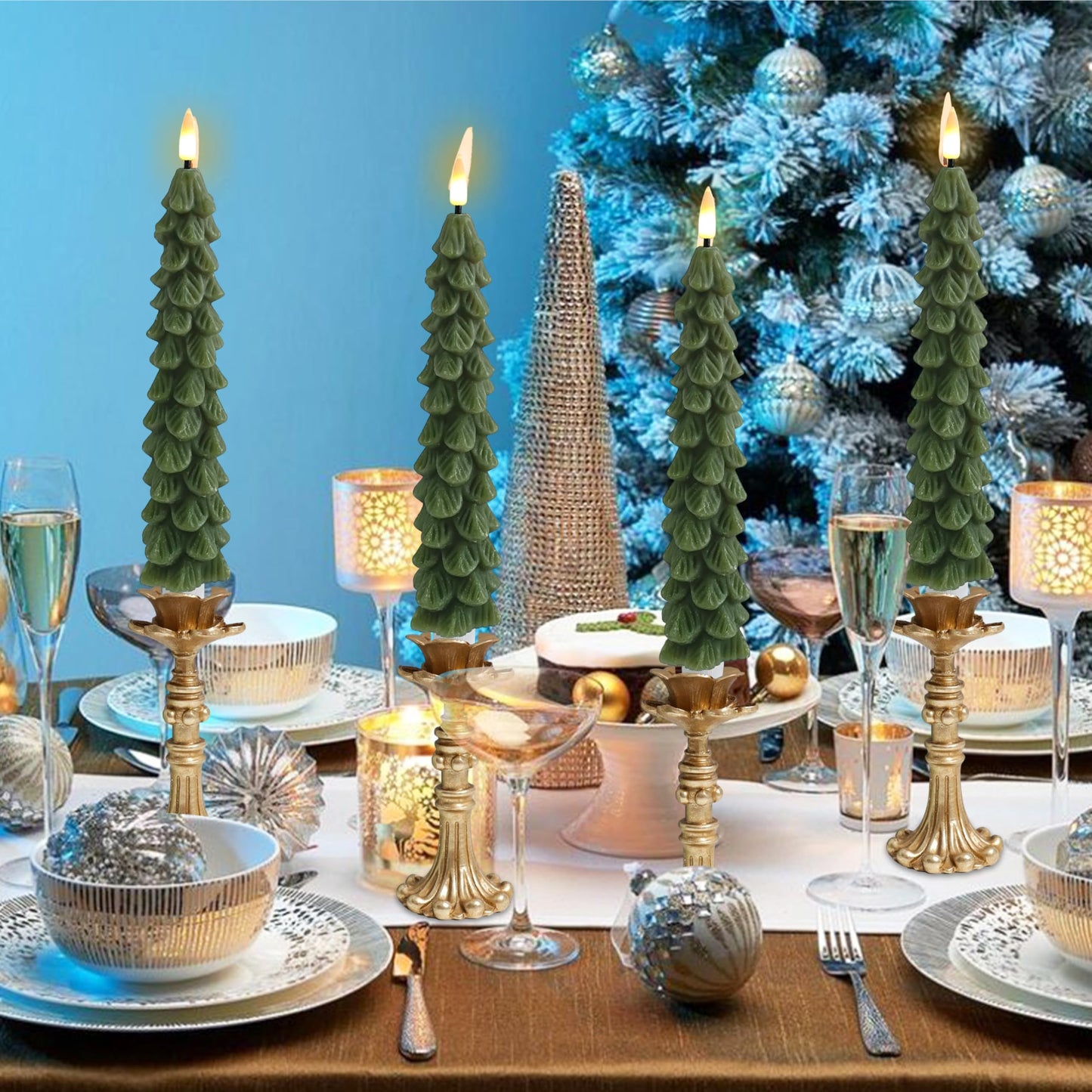 FCMSHAMD Green Christmas Trees Flickering Flameless Candles with Remote and Timer, Real Wax 3D Flame Wick LED Candles, 9.8 Inch Battery Operated Candles for Christmas Home Decoration，4PCS