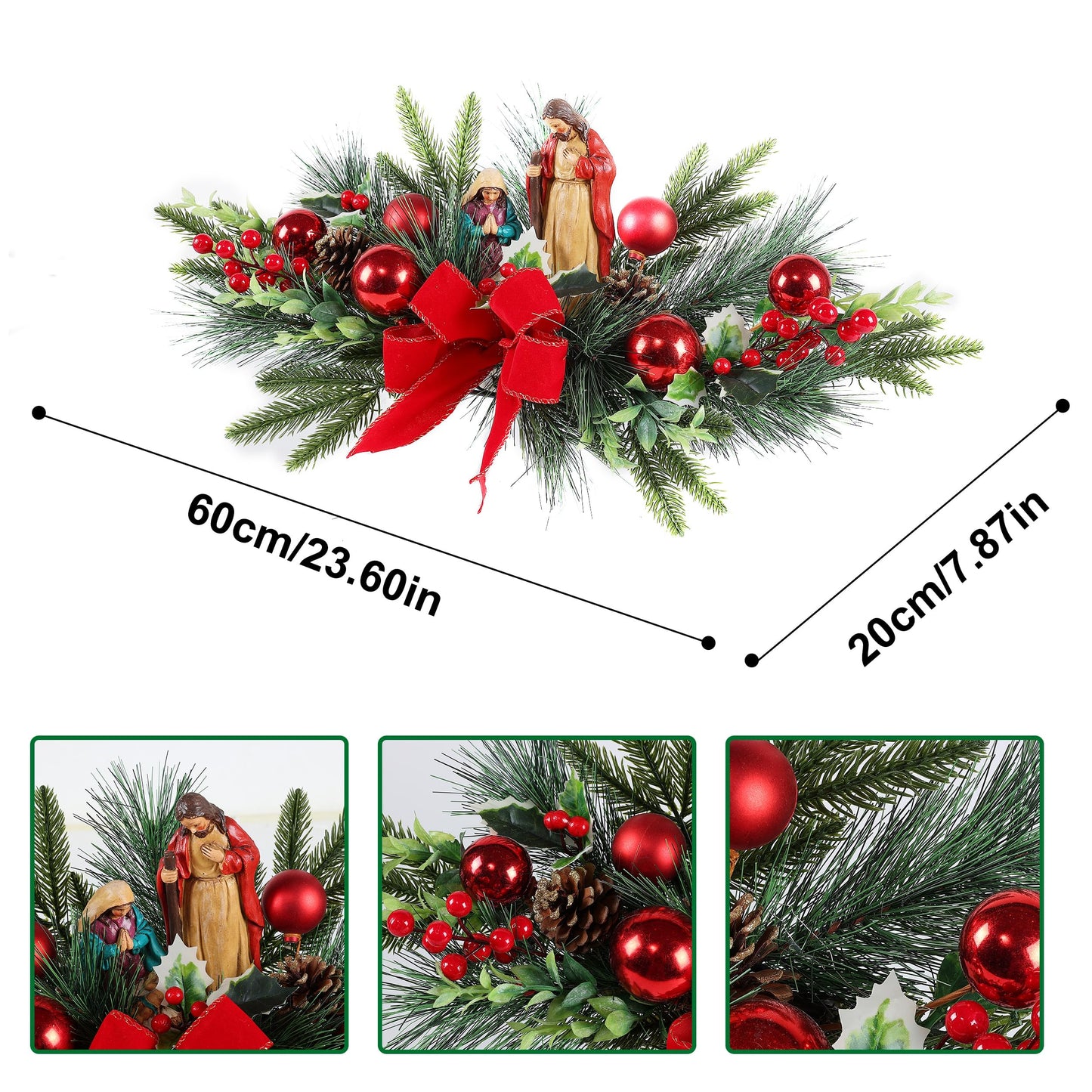 Christmas Table Centerpiece with LED Lights, Christmas Decoration with Red Jesus Pine Needle Ornament, Red Berry, Balls for Holiday Party, Home