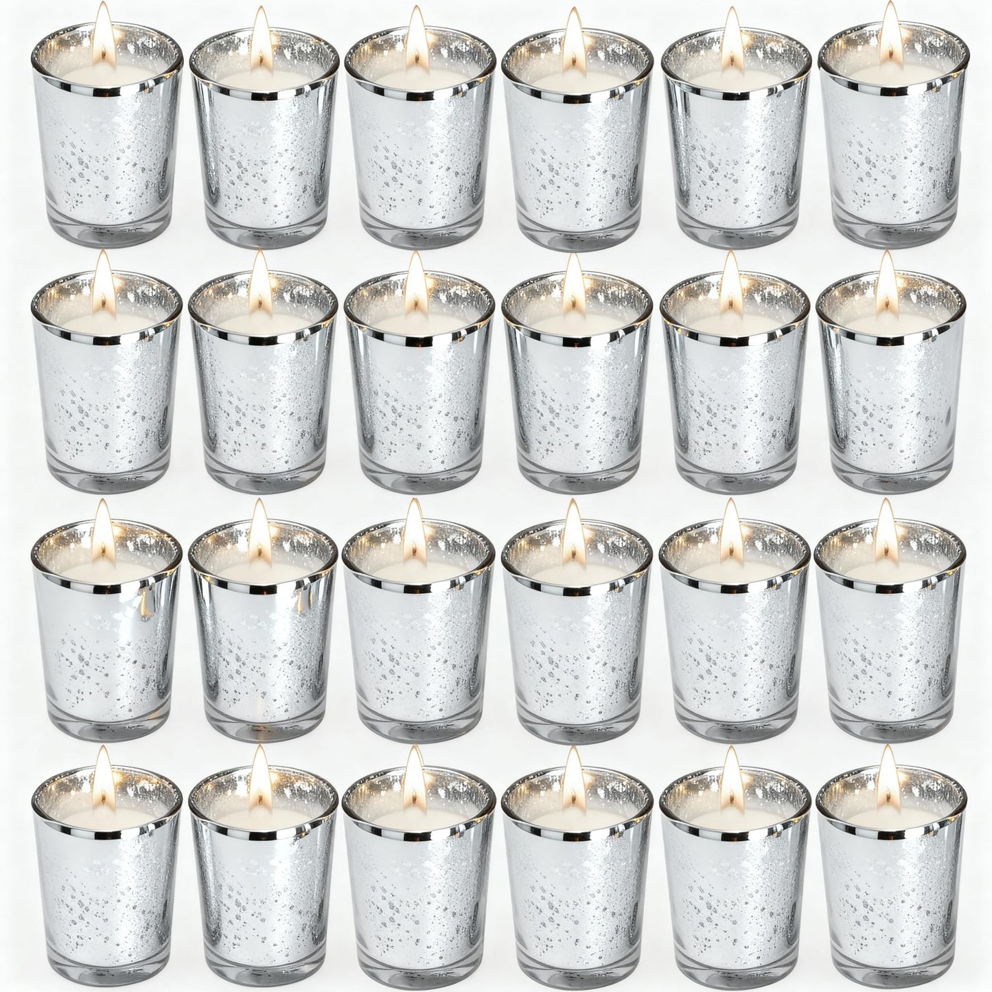 Soft Breeze 24 PCS Speckled Mercury Silver Glass Votive Candle, Unscented Silver Glass Candle, Christmas or Wedding for Table Home Birthday Anniversary Candles