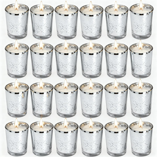 Soft Breeze 24 PCS Speckled Mercury Silver Glass Votive Candle, Unscented Silver Glass Candle, Christmas or Wedding for Table Home Birthday Anniversary Candles