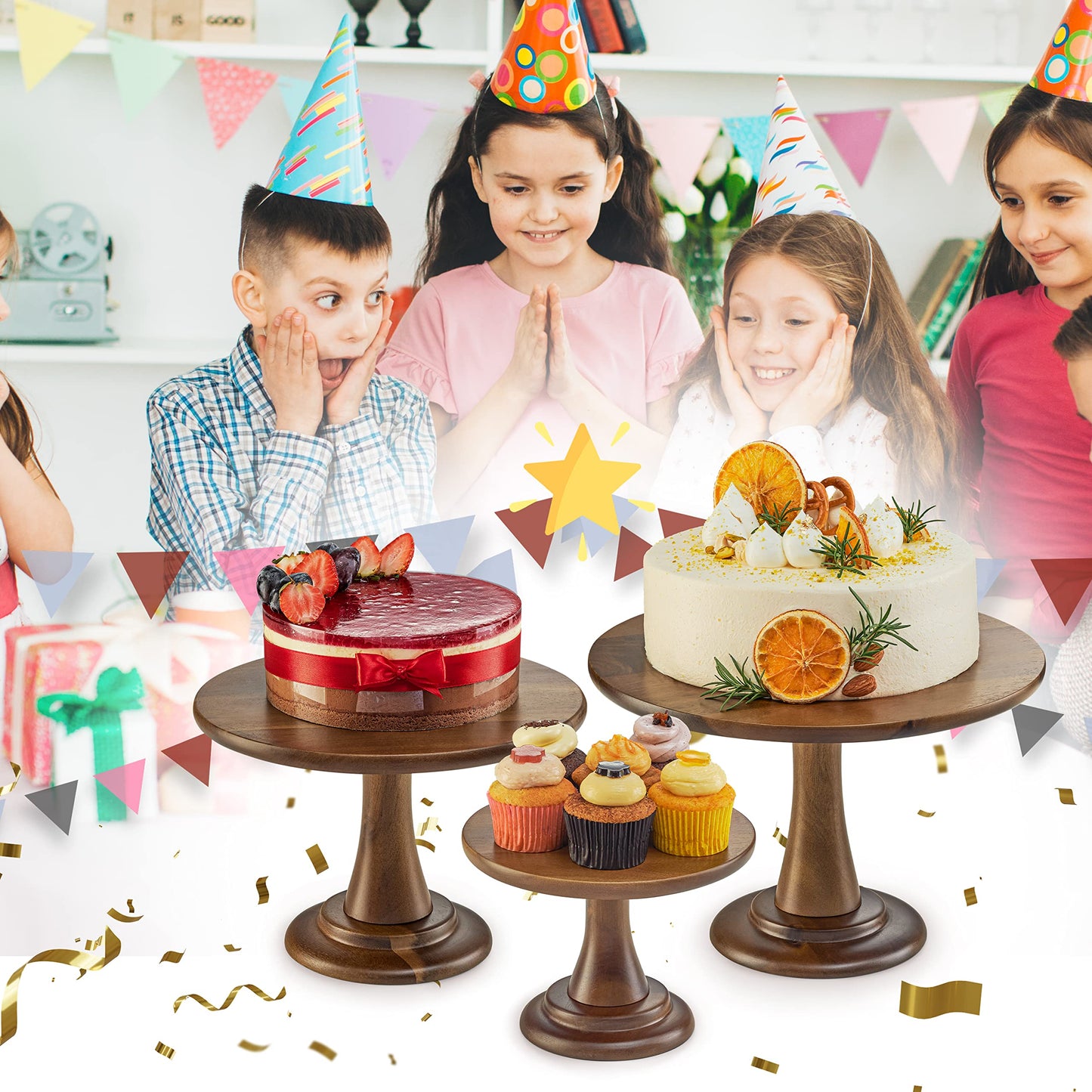 TIDITA Set of 3 Acacia Wood Cake Stand Set – Wooden Rustic Farmhouse Cupcake Stand - Wedding and Birthday Decorating Cake Pedestal Stand - Dessert Display Serving Use at Parties, Restaurants, Birthday