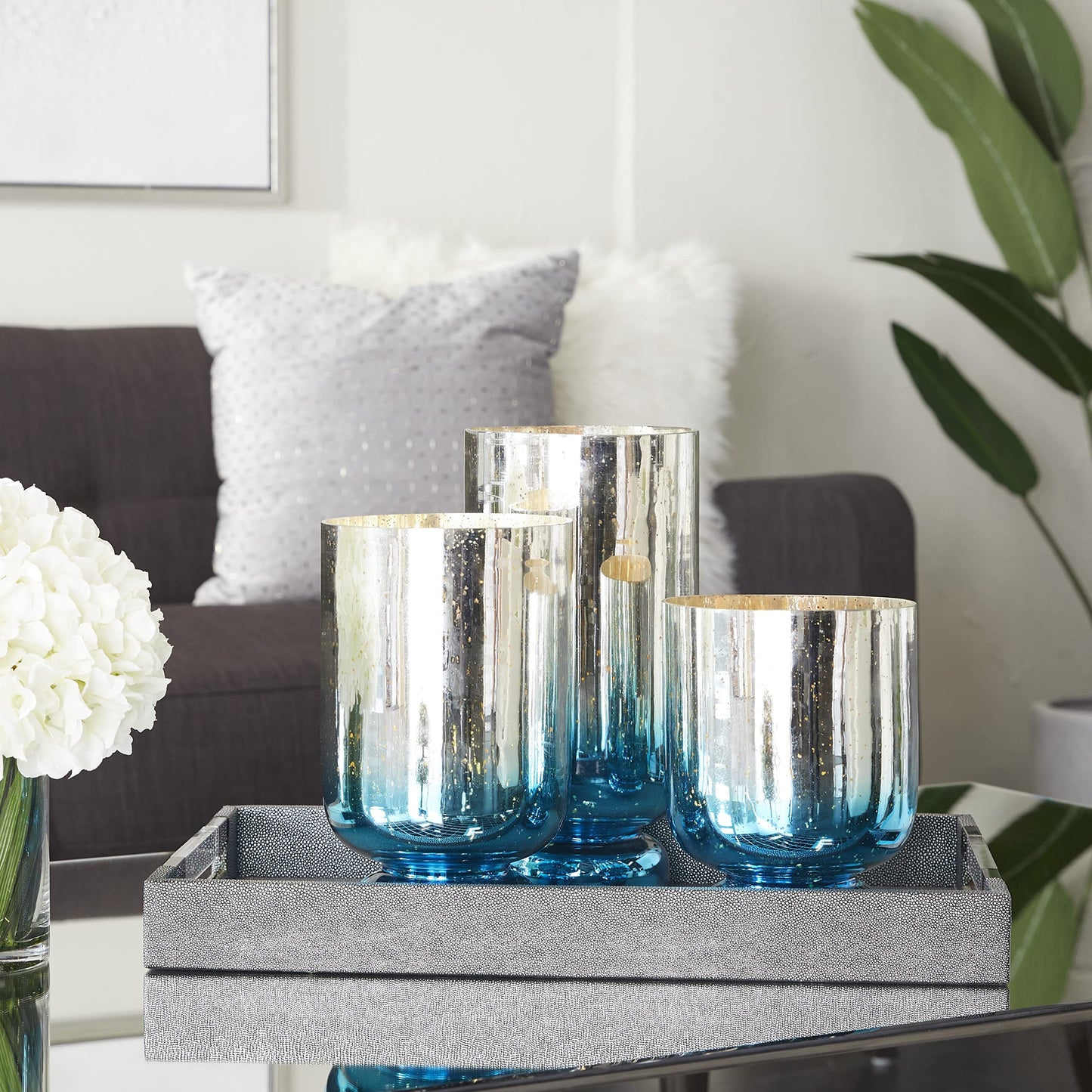 Deco 79 Glass Pillar Candle Holder with Ombre Effect, Set of 3 12", 10", 8"H, Silver
