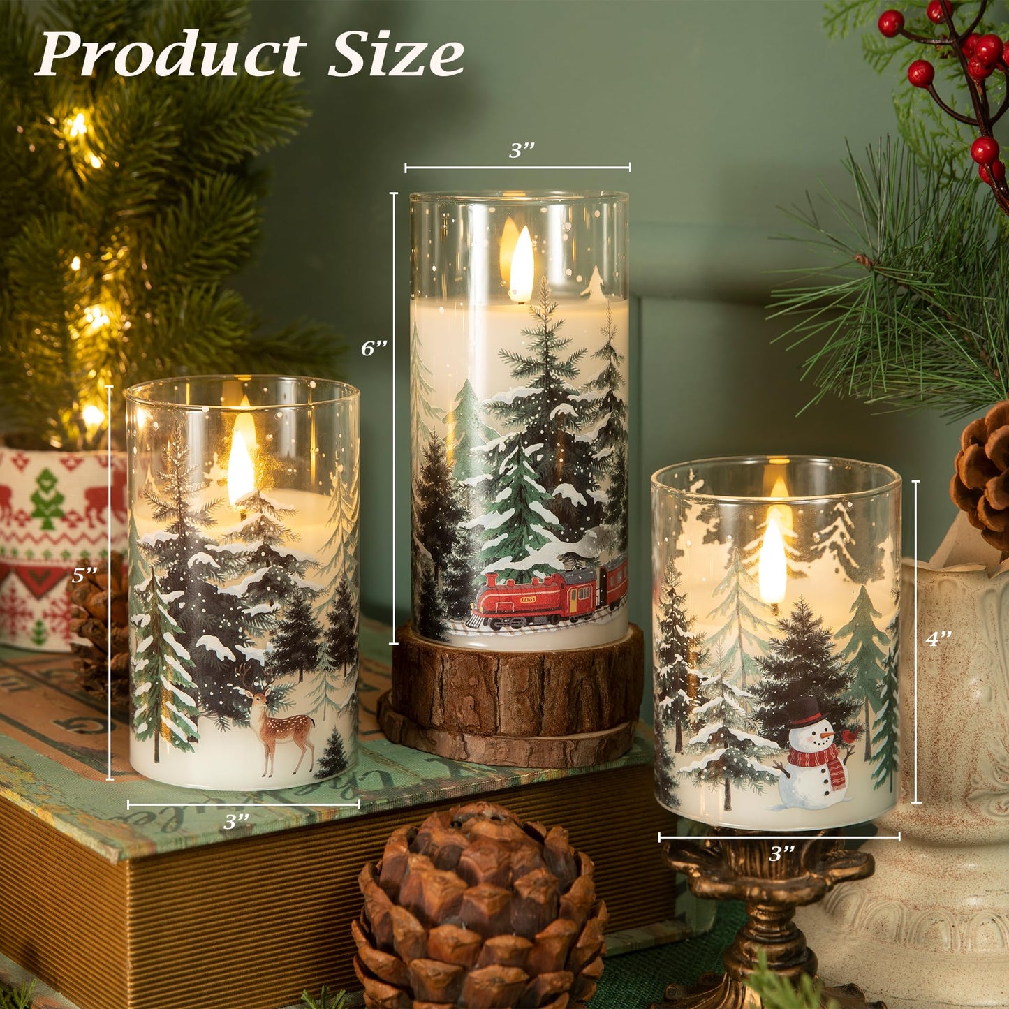 LUSHARBOR LUSHABOR Christmas Flameless Candles, 3 Pack Battery Operated Candles for Christmas Mantel Decor, Glass LED Flickering Candles Home Xmas Party Holiday D3 H4 5" 6", Trees