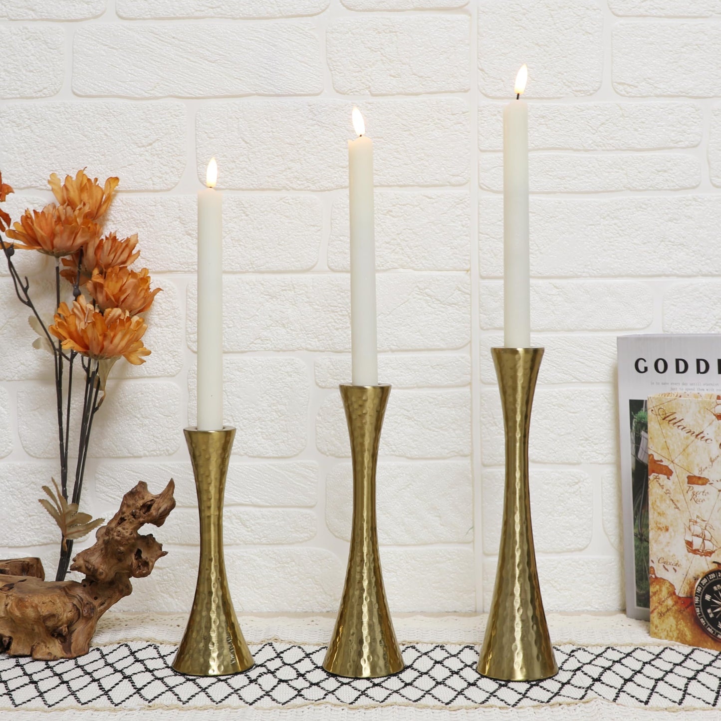 Taper Candle Holders Metal Candlestick Holders Set of 3 Table Mantel Decorative Candle Stand for Dinning,Party，Wedding,Home Decor(Brass Gold)