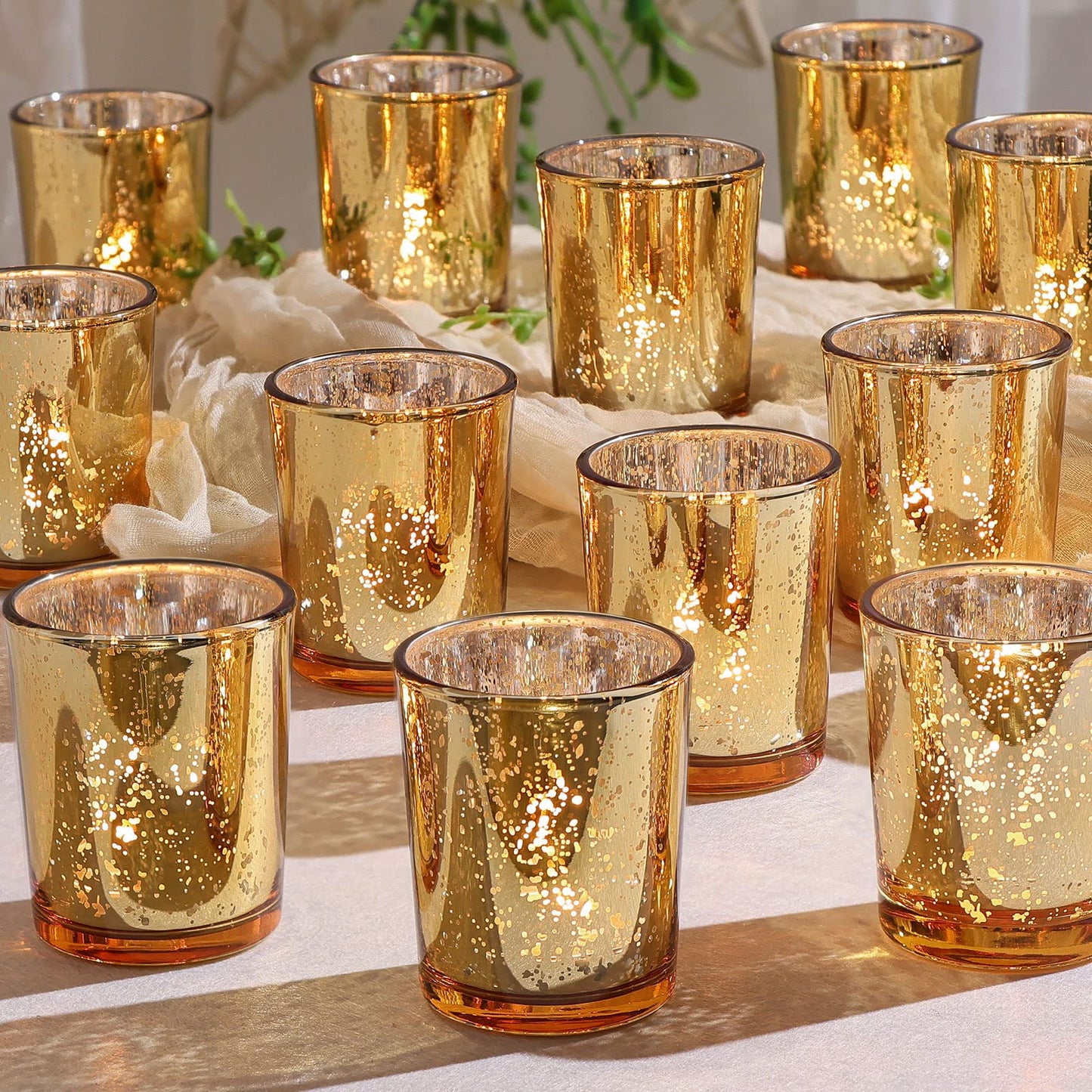 DEVI Gold Votive Candle Holders 24 Pcs, Mercury Tealight Candle Holder Glass, Gold Wedding Centerpieces for Table Decorations, Valentine Diwali Party Bridal Shower Decorations