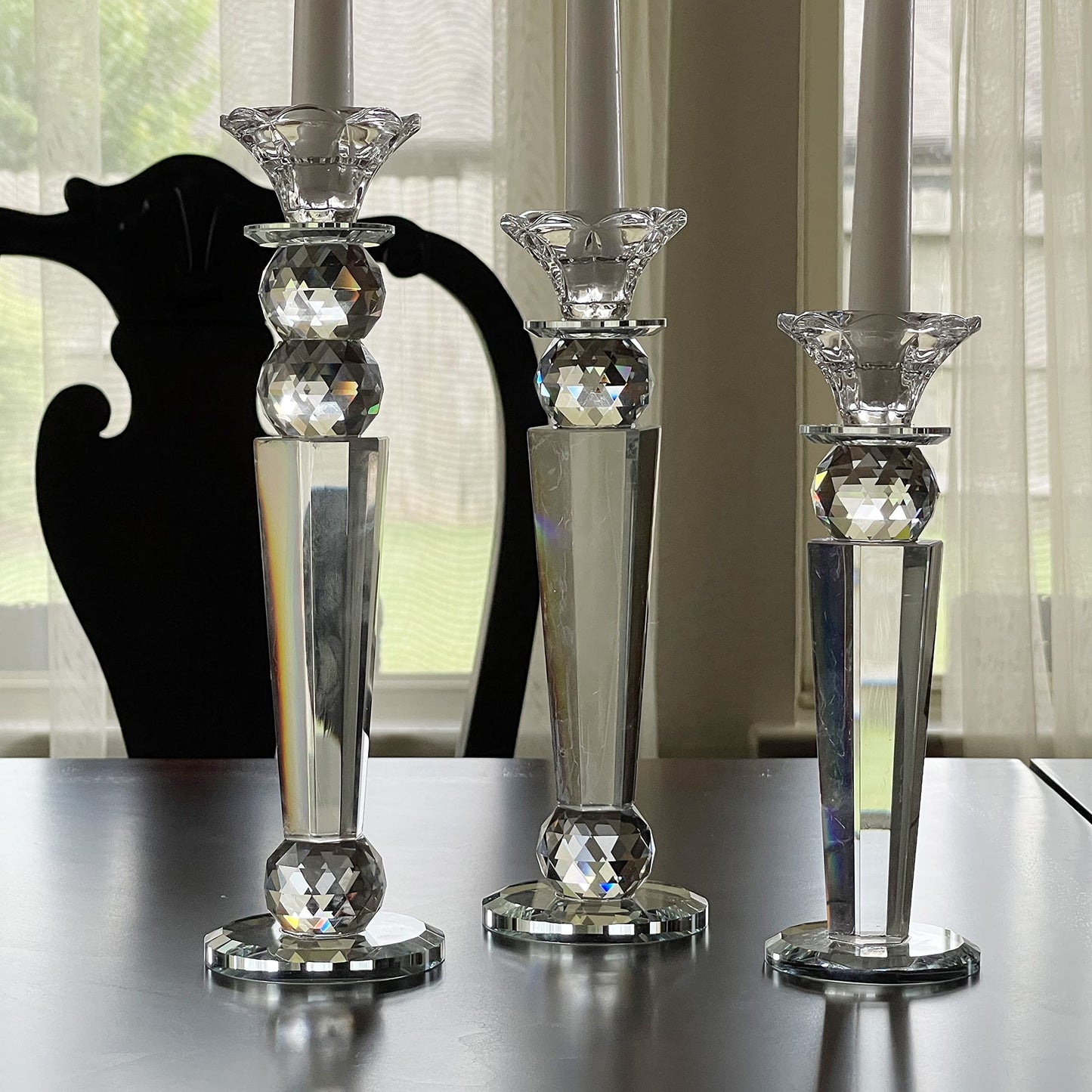Allgala Set of 3 Crystal Glass Made Reverse Tapered Pillar and Hand Crafted Ball Candlesticks - 8.5,10,11 Inches -HD89154