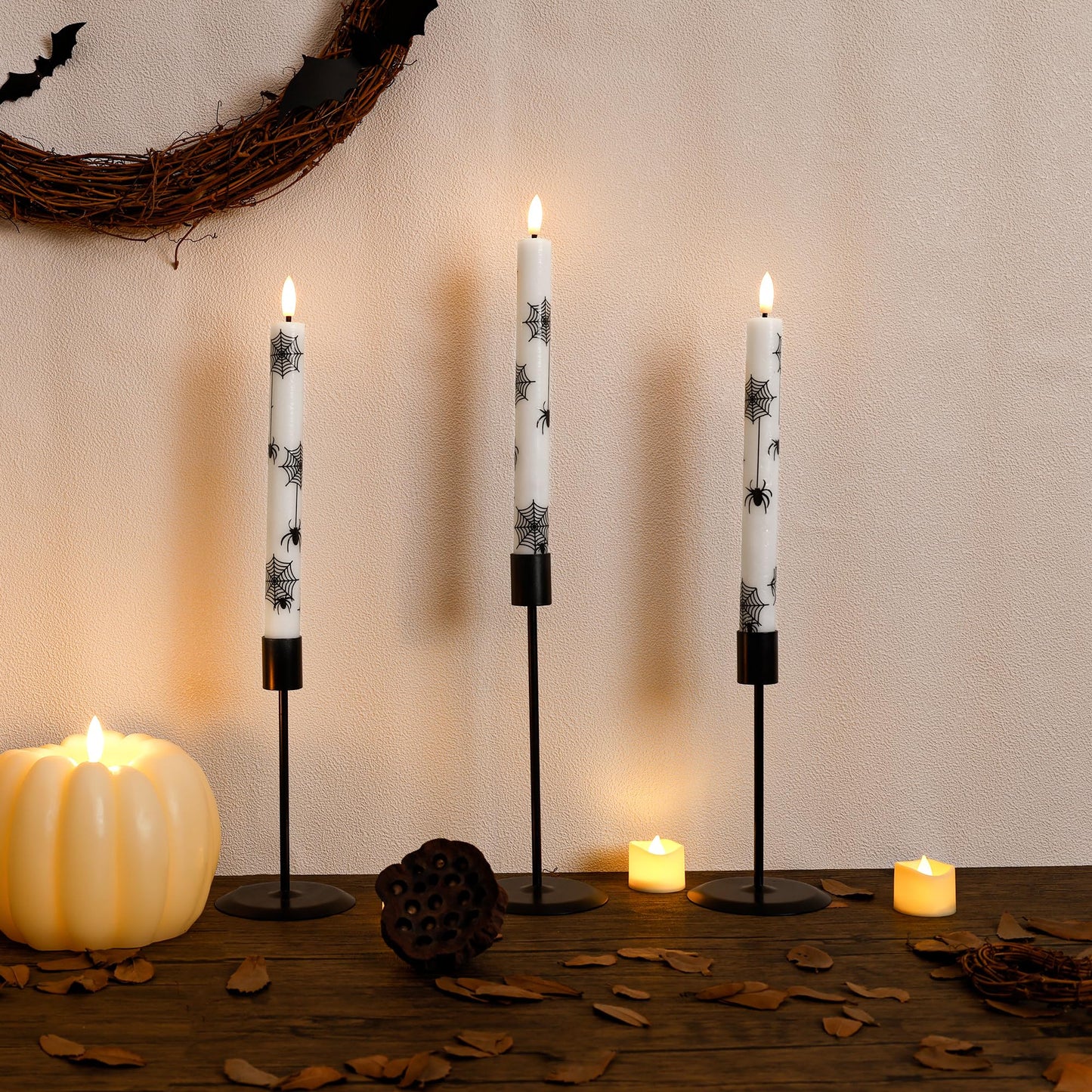 SEHNSY Halloween Flameless Taper Candles with Remote and Timer, 4 Pack Spider and Web Battery Operated LED Flickering Real Wax Candles, Spooky Decor for Halloween Table and Mantel