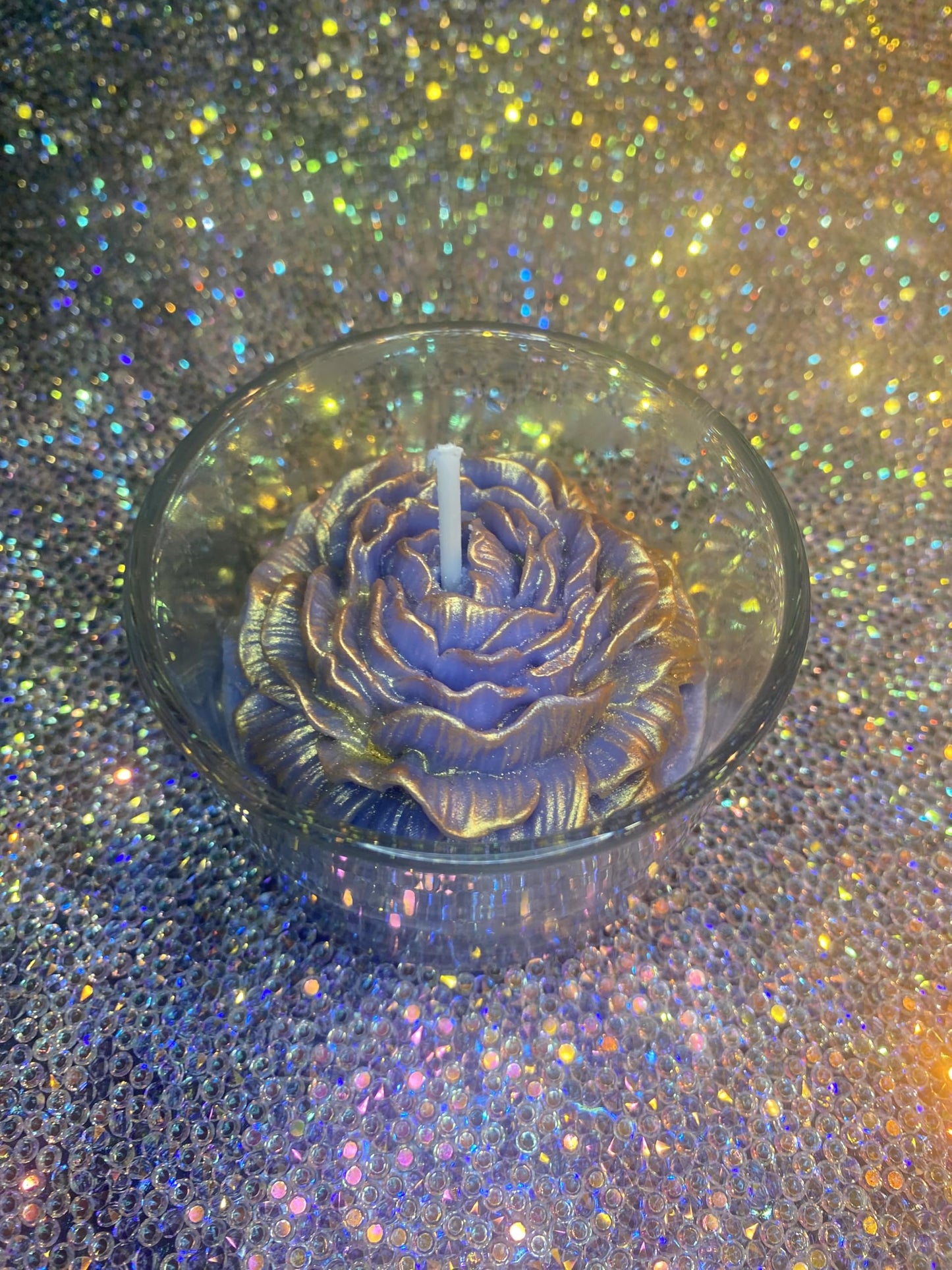 Decorative Shimmery Glass Candle with Floral Design, Blue, 4oz, Holographic Glitter Effect