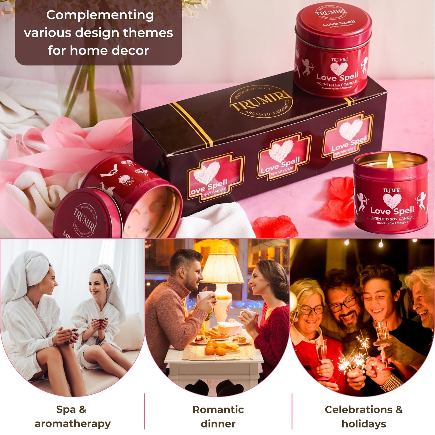 Love Spell - Scented Candles for Women & Men with Rose Petals and Crystals - Pack of 3 x 5oz Soy Clean Organic Non Toxic - Velas Aromáticas - Aromatherapy Spa Valentines Gift Candel