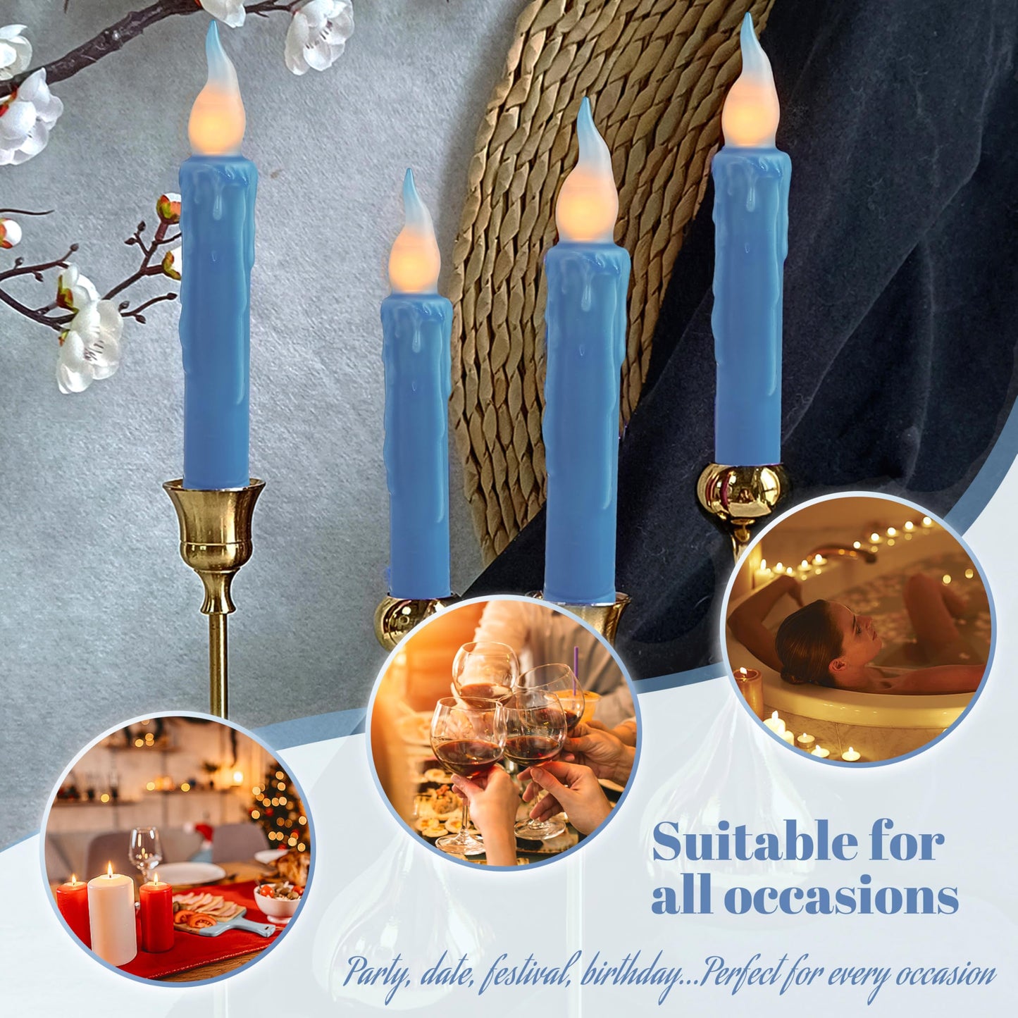 Dark Blue Flameless Short Taper Candles, Real Wax Hand Dipped LED Battery Operated with Remote, Flickering Flame Lights for Festival Party Home Décor, 6.7 Inch Primitive Flameless Candles, 4PCS