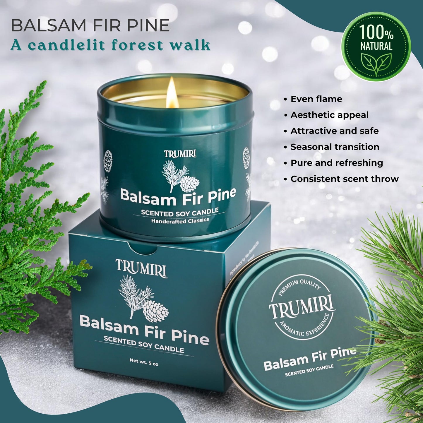 Balsam Fir Pine - Soy Candles for Home Scented - 5oz Natural Clean Non Toxic - for Fall Winter Christmas Holidays - Long Lasting Highly Scented Pet Safe Luxury Tin - Velas Aromáticas para el Hogar